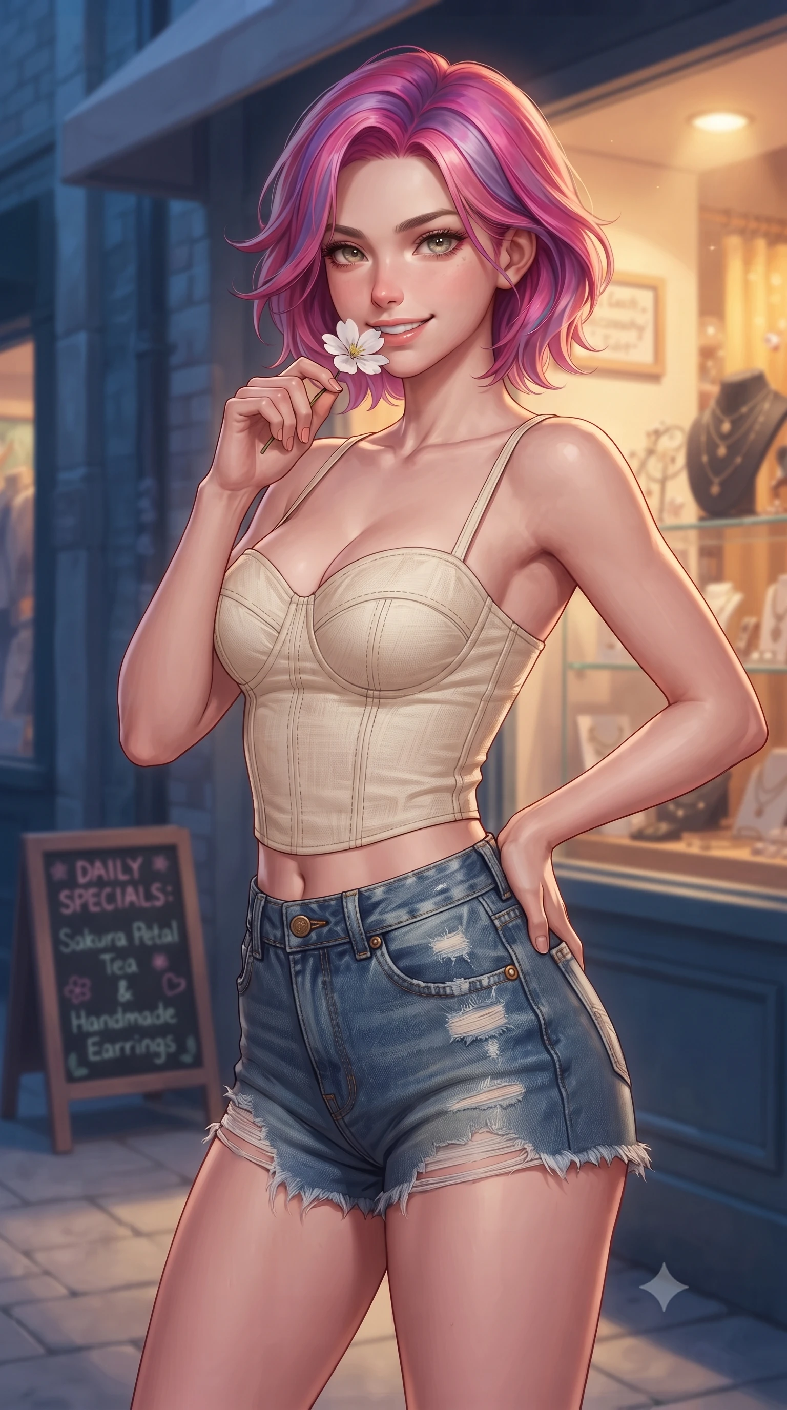 score_9, masterpiece, best quality, ultra-detailed, high-budget anime keyframe, editorial fashion photography, tasteful artistic composition, Caucasian woman. close-up cowboy shot from the waist and thighs up, the character dominates the composition, filling the frame with her large presence, background elements kept in soft focus. holding a delicate flower near her lips, smiling with magnetic self-assurance and glowing eyes set against a soft-focus background of in front of a small handmade accessory boutique with glass showcases with a small chalkboard sign showing daily specials written in cute lettering. She has an exceptionally elegant, slender, and willowy female figure with an ultra-slim waist, a gracefully sculpted slender torso, and a refined silhouette. sharp v-shaped jawline, high-bridge nose, intricate jewel-like eyes with depth, thick eyelashes, glossy lips with a natural sheen. wearing body-hugging tailored cotton bustier top paired with high-waist denim shorts. warm glow from the shop windows clashing with the cool blue alley shadows. highly saturated vibrant anime colors, detailed shading with soft gradients, rich glossy textures, high-contrast stereoscopic depth, volumetric dynamic lighting, master piece, 9:16 ratio
