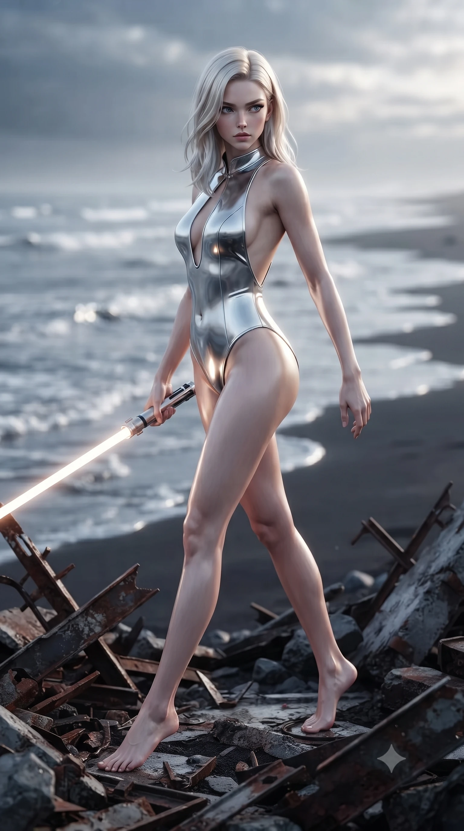 score_9, masterpiece, best quality, ultra-detailed, high-budget anime keyframe, editorial fashion photography, tasteful artistic composition, Caucasian woman. low angle full-body shot from head to toe showing her feet, filling the entire 9:16 vertical frame with her statuesque presence, stretching her vertical silhouette. stepping gracefully through battlefield debris with a glowing saber hilt in hand, looking back over her shoulder, the background shows a soft-focus a liquid metal ocean coast where waves of chrome mercury lap onto basalt sand. She has an absolutely perfect, statuesque 8.5-heads proportion, an exceptionally tall and slender model-like female figure with impossibly long slender legs and an ultra-slim waist. sharp v-shaped jawline, high-bridge nose, intricate jewel-like eyes with depth, thick eyelashes, glossy lips with a natural sheen. wearing a slim-fit backless combat bodysuit in metallic silver, featuring a plunging keyhole cutout and low-cut back. highly reflective chrome-like surface casting a silver rim light on her silhouette. ultra-reflective glossy finish, specular highlights, metallic sheen, high-contrast stereoscopic depth, volumetric dynamic lighting, 2k, ultra detail, master piece, 9:16 ratio