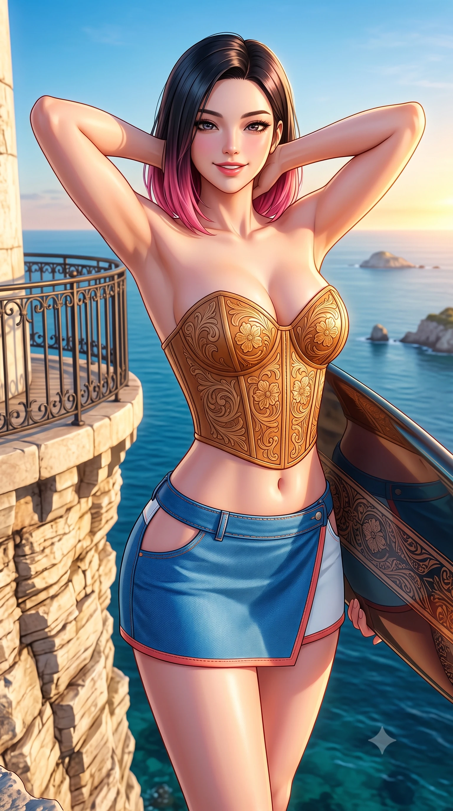 score_9, masterpiece, best quality, ultra-detailed, high-budget anime keyframe, semi-realistic 3D game render, editorial fashion photography, tasteful artistic composition, Korean woman. close-up cowboy shot from the waist and thighs up, the character dominates the composition, filling the frame with her large presence. resting both hands lightly behind her neck with elbows raised, arching her spine to highlight her narrow waist, flat midriff, and breathtaking collarbones while standing at the dizzying cliffside stone wall high above the sea, arching her back with breathtaking freedom as the sun sinks into the sea. The surrounding environment is rendered in vivid detail and crisp panoramic clarity: sharp limestone cliff strata, wrought-iron lighthouse balcony railing, and ocean horizon clarity in deep focus. She has an exceptionally elegant, slender, and willowy female figure with an ultra-slim waist, flat toned midriff, narrow ribcage, and sculpted feminine hips creating an alluring, slim hourglass silhouette without bulk. sharp v-shaped jawline, high-bridge nose, sparkling eyes with hypnotic seductive depth, thick curled eyelashes, glossy parted lips with a natural dewy peach sheen, alluring bedroom-eyes with an enchanting coquettish smile, exuding magnetic siren charisma and sophisticated glamour, flawlessly proportioned anatomical accuracy, strict slender model proportions, natural body alignment, perfectly sculpted long slender limbs, ultra-slim waistline, clean dynamic posture without body distortion. wearing a structured boned leatherette corset bodice with western floral tooling paired with a micro-wrap denim skirt in Mediterranean cerulean blue and optic white with coral trims, tailored from second-skin technical compression neoprene with athletic curve-sculpting stretch, accented with a custom high-gloss tinted surfboard held lightly with one hand, the precision-cut side openings and low-back scoop framing her graceful spine and the sensual sweep of her slim, toned hips. illuminated by open ocean reflection fill and sharp warm-gold rim lights sculpting her razor-sharp jawline, flat midriff, and curvy hips. highly saturated vibrant anime colors, detailed shading with soft gradients, rich glossy textures, high-contrast stereoscopic depth, volumetric dynamic lighting, master piece, 9:16 ratio