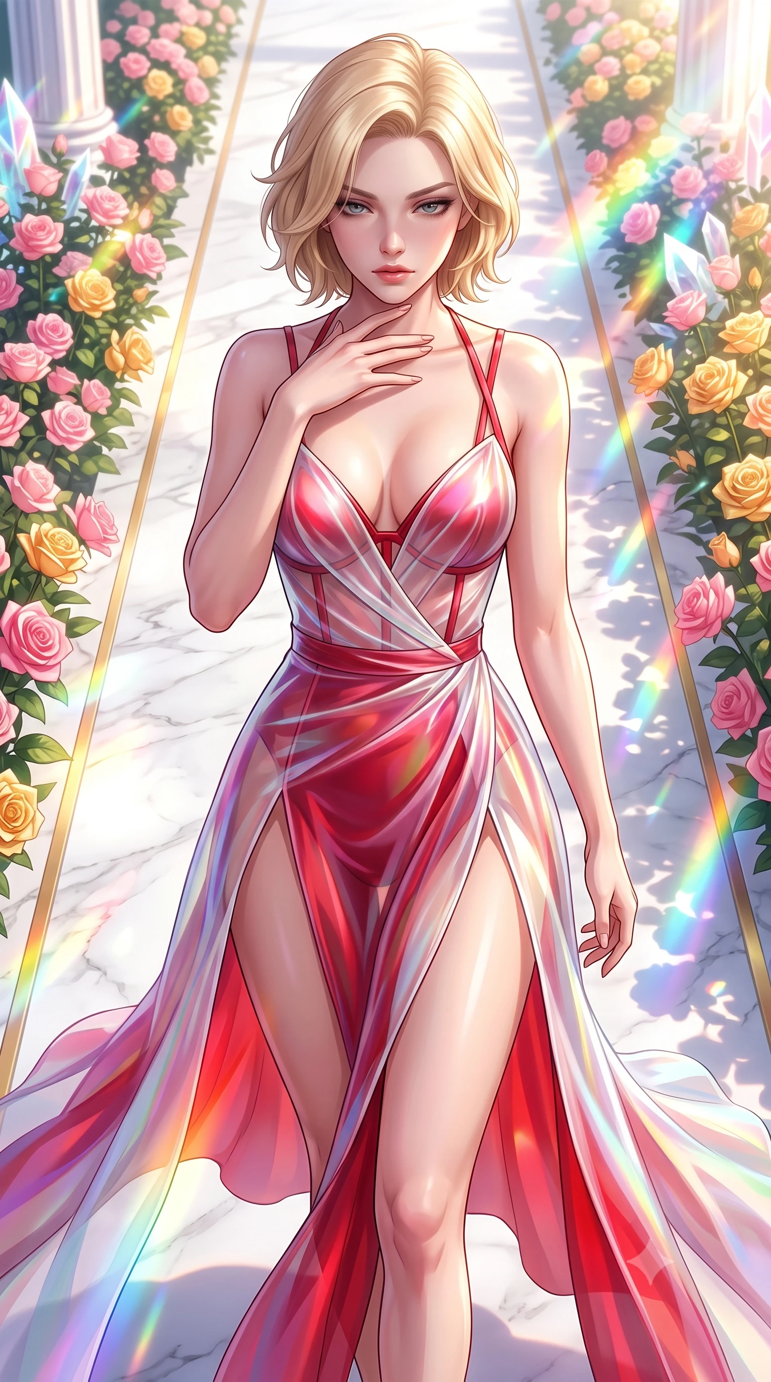 score_9, masterpiece, best quality, ultra-detailed, high-budget anime keyframe, semi-realistic 3D game render, editorial fashion photography, tasteful artistic composition, Caucasian woman. close-up cowboy shot from the waist and thighs up, the character dominates the composition, filling the frame with her large presence. resting her fingers lightly against her throat while looking down with a smoldering, haughty yet intensely captivating glance while pivoting dynamically along a white marble aisle lined with fragrant pink and golden roses catching brilliant sunlight. The surrounding environment is rendered in vivid detail and crisp panoramic clarity. vibrant natural and crystalline flower textures captured with environmental sharpness. She has an exceptionally elegant, slender, and willowy female figure with an ultra-slim waist, a gracefully sculpted slender torso, toned flat midriff, and a refined slim silhouette. sharp v-shaped jawline, high-bridge nose, intricate jewel-like eyes with depth, thick eyelashes, glossy lips with a natural sheen, flawlessly proportioned anatomical accuracy, strict slender model proportions, natural body alignment, perfectly sculpted long slender limbs, ultra-slim waistline, clean dynamic posture without body distortion. wearing a translucent iridescent organza wrap dress with structured bustier boning, plunging neckline, and high-cut dual leg slits in radiant crimson silk and crisp snow white, made of smooth iridescent silk chiffon that shifts colors with movement, complemented by criss-cross back straps highlighting her completely bare spine, the glove-like aerodynamic second-skin fit tightly clinging to her ultra-slender waist and athletic curves without adding bulk, accentuating her razor-sharp statuesque lines and slim hourglass silhouette. bathed in brilliant morning sunlight intersected by saturated rainbow crystal prism refractions. highly saturated vibrant anime colors, detailed shading with soft gradients, rich glossy textures, high-contrast stereoscopic depth, volumetric dynamic lighting, master piece, 9:16 ratio