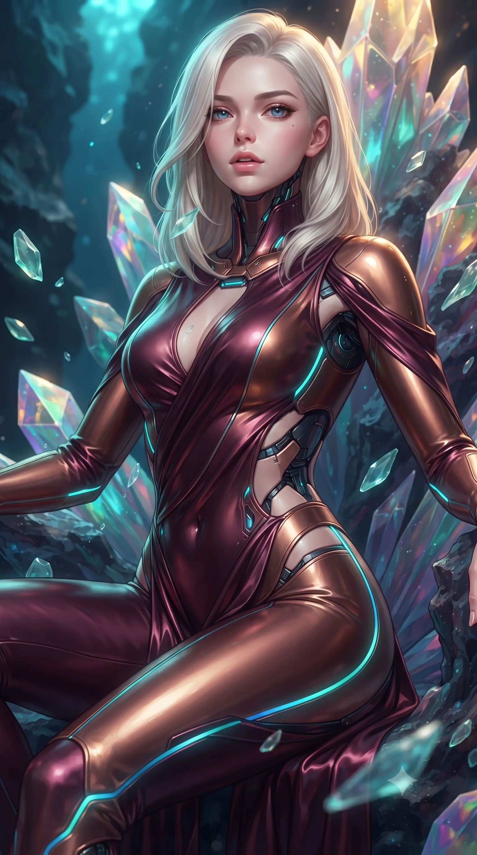 score_9, masterpiece, best quality, ultra-detailed, high-budget anime keyframe, editorial fashion photography, tasteful artistic composition, Caucasian woman. close-up cowboy shot from the waist and thighs up, the character dominates the composition, filling the frame with her large presence, background elements kept in soft focus. Tilting her chin up slightly with lips parted in a magnetic, composed expression poised on an abyssal prism shell throne bathed in sunlit ocean rays, translucent sea glass fragments drifting gracefully around her. She has an exceptionally elegant, slender, and willowy female figure with an ultra-slim waist, a gracefully sculpted slender torso, and a refined silhouette. sharp v-shaped jawline, high-bridge nose, intricate jewel-like eyes with depth, thick eyelashes, glossy lips with a natural sheen. wearing a skin-tight cybernetic bodysuit with glowing neon seams and side cutouts in deep burgundy and bronze, crafted from lustrous satin jersey with fluid draping, accented with a Tasteful chest slit framing her clavicle gracefully, the elegant draped fit framing her graceful clavicle and slender torso. illuminated by luminous aqua bioluminescence and warm golden top lighting. ultra-reflective glossy finish, specular highlights, metallic sheen, high-contrast stereoscopic depth, volumetric dynamic lighting, 2k, ultra detail, master piece, 9:16 ratio