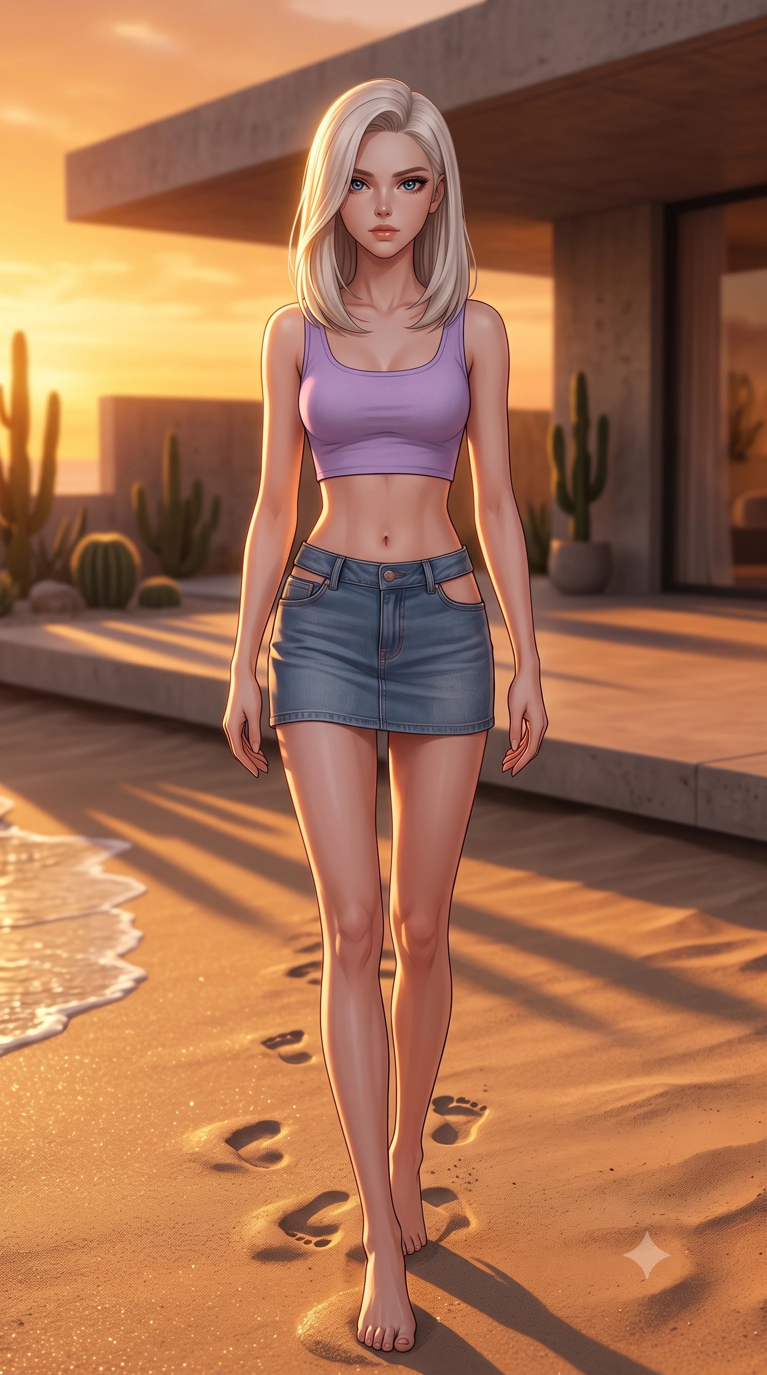 score_9, masterpiece, best quality, ultra-detailed, high-budget anime keyframe, editorial fashion photography, tasteful artistic composition, Caucasian woman woman. low angle full-body shot from head to toe showing her feet, filling the entire 9:16 vertical frame with her statuesque presence, stretching her vertical silhouette. walking slowly along the shoreline, leaving footprints in the wet sand the background shows a soft-focus a patio of a modern concrete villa in the desert, with minimalist cacti landscaping. She has an absolutely perfect, statuesque 8.5-heads proportion, an exceptionally tall and slender model-like female figure with impossibly long slender legs and an ultra-slim waist. sharp v-shaped jawline, high-bridge nose, intricate jewel-like eyes with depth, thick eyelashes, glossy lips with a natural sheen. wearing a tailored modern crop top in lavender cotton paired with a low-rise denim skirt and a subtle waist cut-out. the dramatic orange glow of a desert sunset casting long shadows of the cacti. 2k, ultra detail, master piece, 9:16 ratio