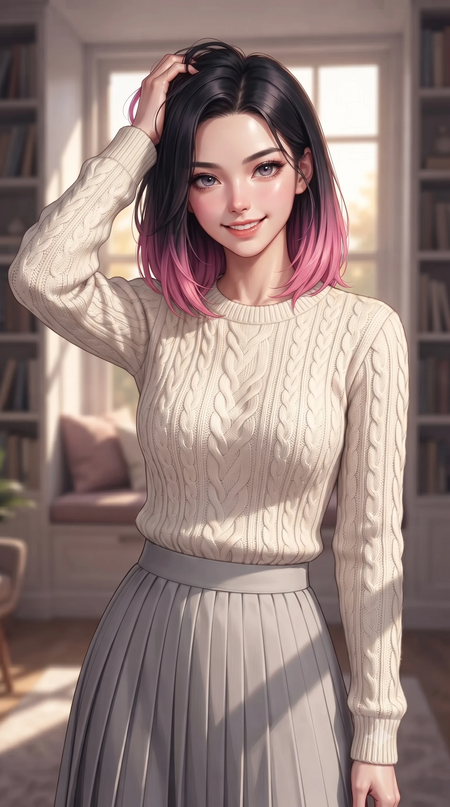 score_9, masterpiece, best quality, ultra-detailed, high-budget anime keyframe, editorial fashion photography, tasteful artistic composition, Korean woman woman. close-up cowboy shot from the waist and thighs up, the character dominates the composition, filling the frame with her large presence, background elements kept in soft focus. smiling with quiet, magnetic self-assurance directly into the camera, running a hand through her hair the background shows a soft-focus a quiet personal library room with bookshelves lining the walls and a plush window seat. She has an exceptionally elegant, slender, and willowy female figure with an ultra-slim waist, a gracefully sculpted slender torso, and a refined silhouette. sharp v-shaped jawline, high-bridge nose, intricate jewel-like eyes with depth, thick eyelashes, glossy lips with a natural sheen. wearing a slim-fit cozy cable-knit sweater in ivory, paired with a pleated light grey midi skirt. soft golden afternoon light filtering through the window, casting long shadow patterns. ultra-reflective glossy finish, specular highlights, metallic sheen, high-contrast stereoscopic depth, volumetric dynamic lighting, 2k, ultra detail, master piece, 9:16 ratio