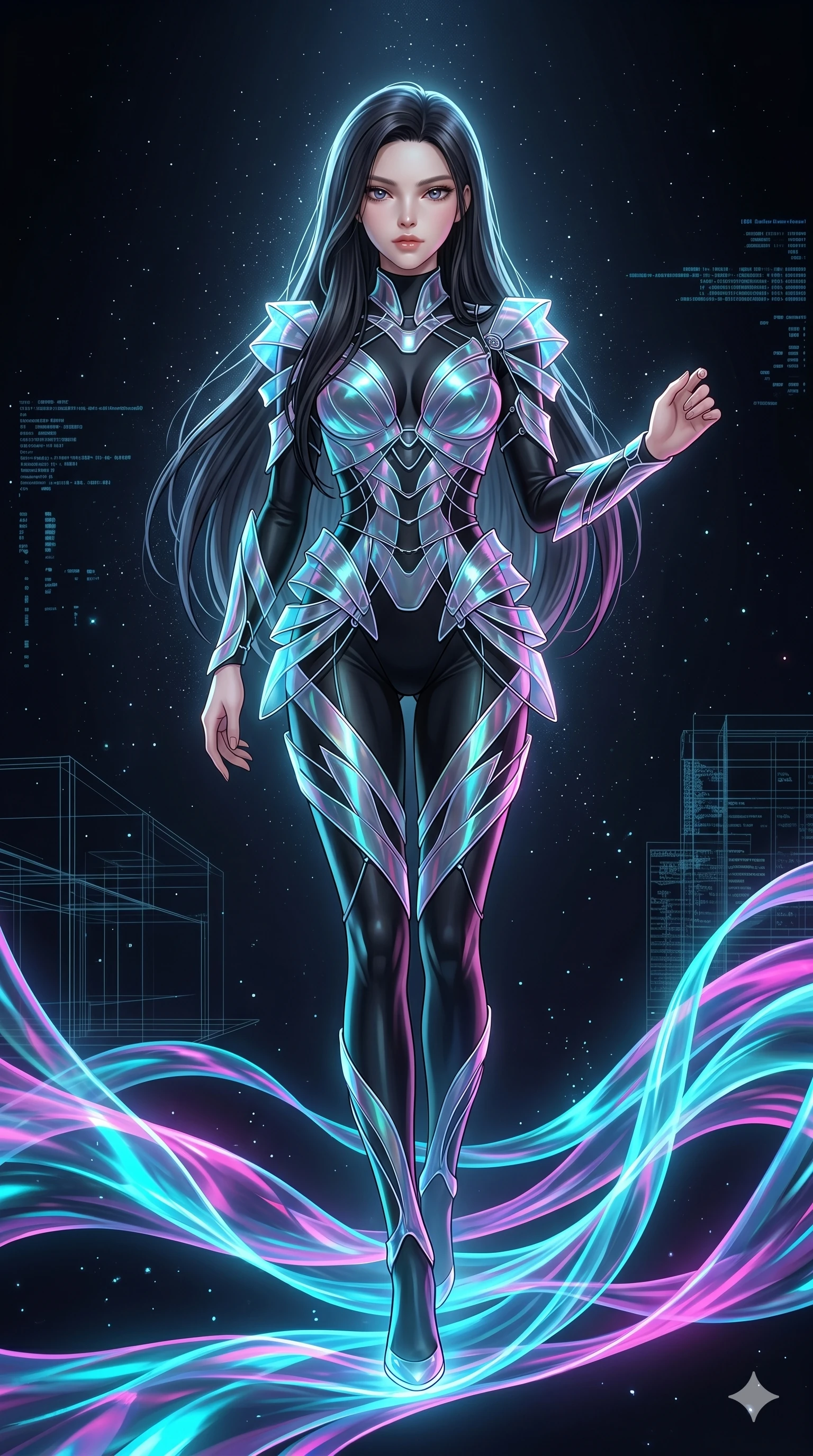 score_9, masterpiece, best quality, ultra-detailed, high-budget anime keyframe, Korean woman. low angle full-body shot filling the entire 9:16 frame with her statuesque presence, stretching the vertical silhouette. stepping on holographic fluid ribbons of sound that ripple with cyan and magenta light in a dark virtual void. She has an absolutely perfect 8-heads proportion, an exceptionally tall and slender female figure with impossibly long slender legs and an ultra-slim waist. V-shaped jawline, high-bridge nose, intricate jewel-like eyes with depth, thick eyelashes, glossy lips with a natural sheen.. wearing a holographic ribbon shell armor, featuring thin iridescent plates linked by wire straps over a sleek contouring base. illuminated by dramatic chiaroscuro casting soft shadows along her curves, with vibrant backlighting highlighting the dust particles. 2k, ultra detail, master piece, 9:16 ratio