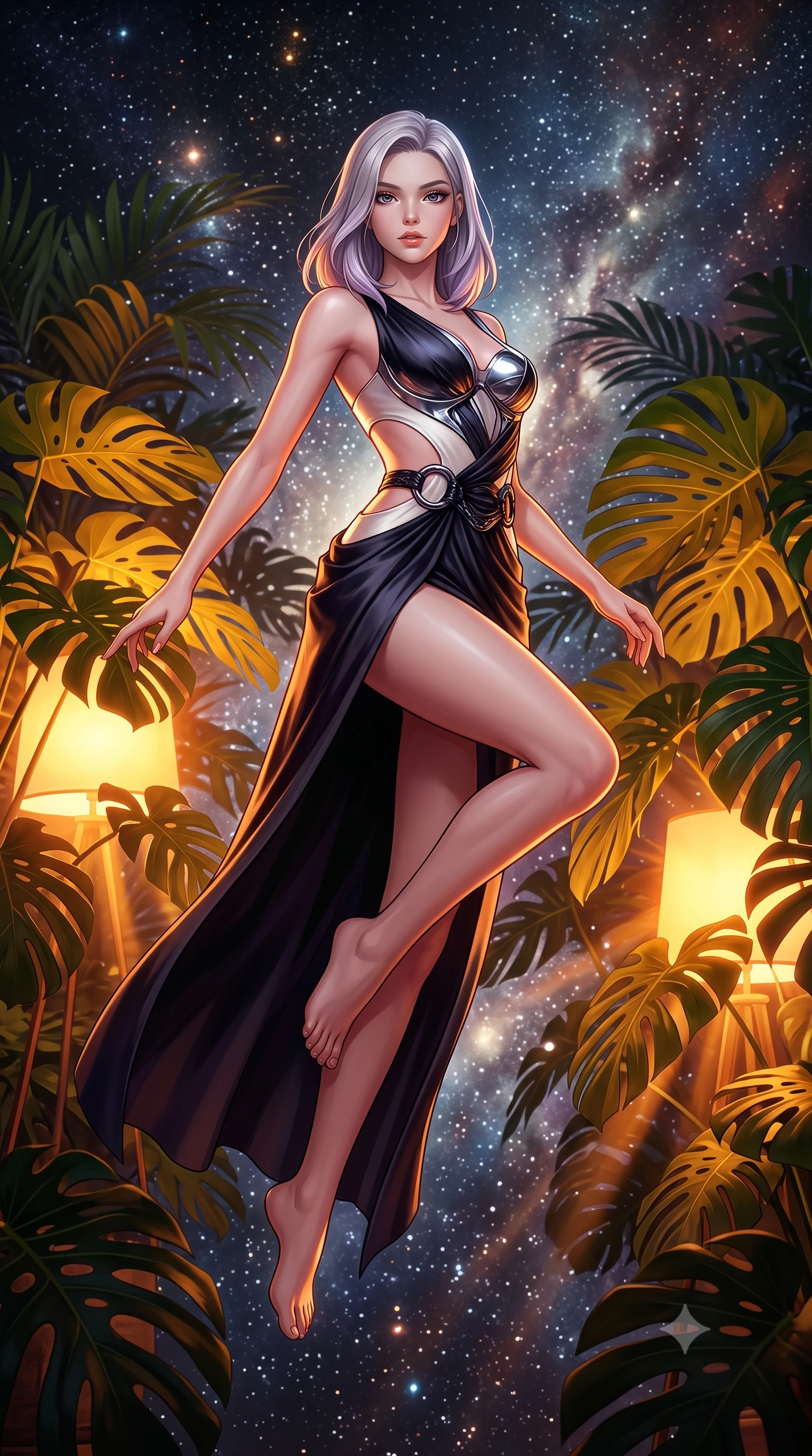 score_9, masterpiece, best quality, ultra-detailed, high-budget anime keyframe, editorial fashion photography, tasteful artistic composition, Caucasian woman. low angle full-body shot from head to toe showing her feet, filling the entire 9:16 vertical frame with her statuesque presence, stretching her vertical silhouette. leaping dynamically through the starry space, her posture full of power and elegance, standing amidst lush tropical monstera plants illuminated by warm amber floor lamps, warm amber floor lamps casting intimate golden rays through plant foliage. She has an absolutely perfect, statuesque 8.5-heads proportion, an exceptionally tall and slender model-like female figure with impossibly long slender legs and an ultra-slim waist. sharp v-shaped jawline, high-bridge nose, intricate jewel-like eyes with depth, thick eyelashes, glossy lips with a natural sheen. wearing draped obsidian silk gown featuring tasteful waist slit cutouts in pearl white, made of sculpted obsidian metallic chrome, accented with sculpted obsidian chrome rings at the waist, sculpting her athletic slender build with refined precision. illuminated by warm amber floor lights filtering through tropical greenery. highly saturated vibrant anime colors, detailed shading with soft gradients, rich glossy textures, high-contrast stereoscopic depth, volumetric dynamic lighting, master piece, 9:16 ratio
