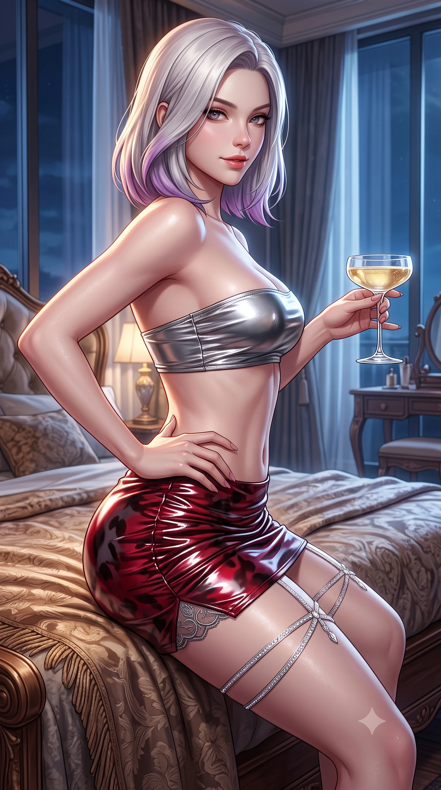 score_9, masterpiece, best quality, ultra-detailed, high-budget anime keyframe, semi-realistic 3D game render, editorial fashion photography, tasteful artistic composition, Caucasian woman. close-up cowboy shot from the waist and thighs up, the character dominates the composition, filling the frame with her large presence. twisting her slender torso in an alluring contrapposto stance, one hand resting on her sculpted hip while her fingers toy with a champagne coupe while sitting perched on the edge of the lavish bed with hips cocked back, looking over her bare shoulder with an intoxicating, teasing bedroom-eyes gaze. The surrounding environment is rendered in vivid detail and crisp panoramic clarity: detailed lingerie/bodysuit embroidery, subtle pearl sheen on skin, and high-end interior styling in razor-sharp precision. She has an exceptionally elegant, slender, and willowy female figure with an ultra-slim waist, flat toned midriff, narrow ribcage, and sculpted feminine hips creating an alluring, slim hourglass silhouette without bulk. sharp v-shaped jawline, high-bridge nose, sparkling eyes with hypnotic seductive depth, thick curled eyelashes, glossy parted lips with a natural dewy peach sheen, alluring bedroom-eyes with an enchanting coquettish smile, exuding magnetic siren charisma and sophisticated high-fashion glamour, flawlessly proportioned anatomical accuracy, strict slender model proportions, natural body alignment, perfectly sculpted long slender limbs, ultra-slim waistline, clean dynamic posture without body distortion. wearing a liquid metallic lamé bandeau top paired with a curve-accentuating ruched low-rise mini skirt in rich cherry lacquer and smoky charcoal, crafted from wet-look high-gloss vinyl fabric with dazzling specular surface reflections, finished with delicate crystal-encrusted thigh garter straps glinting in the dim light, the second-skin tailored fabric adhering flawlessly to her sculpted flat midriff and slender torso, emphasizing her long leg lines and perfectly proportioned willowy build. bathed in cool moonlight streaming through floor-to-ceiling glass mixed with soft bedside incandescent warmth. highly saturated vibrant anime colors, detailed shading with soft gradients, rich glossy textures, high-contrast stereoscopic depth, volumetric dynamic lighting, master piece, 9:16 ratio