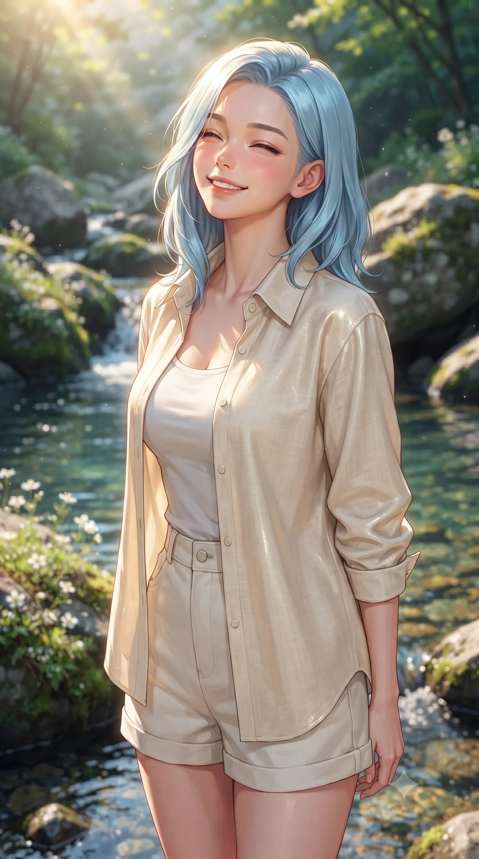 score_9, masterpiece, best quality, ultra-detailed, high-budget anime keyframe, editorial fashion photography, tasteful artistic composition, Korean woman. close-up cowboy shot from the waist and thighs up, the character dominates the composition, filling the frame with her large presence, background elements kept in soft focus. smiling happily with closed eyes, enjoying the warm sunbeams on her face set against a soft-focus background of next to a cool, crystal-clear stream flowing through a lush green valley with small white wildflowers growing between the mossy river rocks. She has an exceptionally elegant, slender, and willowy female figure with an ultra-slim waist, a gracefully sculpted slender torso, and a refined silhouette. sharp v-shaped jawline, high-bridge nose, intricate jewel-like eyes with depth, thick eyelashes, glossy lips with a natural sheen. wearing tailored comfortable linen shirt in cream, worn over a tank top and cotton shorts. soft afternoon sunlight reflecting off the wet rocks and water pool. ultra-reflective glossy finish, specular highlights, metallic sheen, high-contrast stereoscopic depth, volumetric dynamic lighting, 2k, ultra detail, master piece, 9:16 ratio
