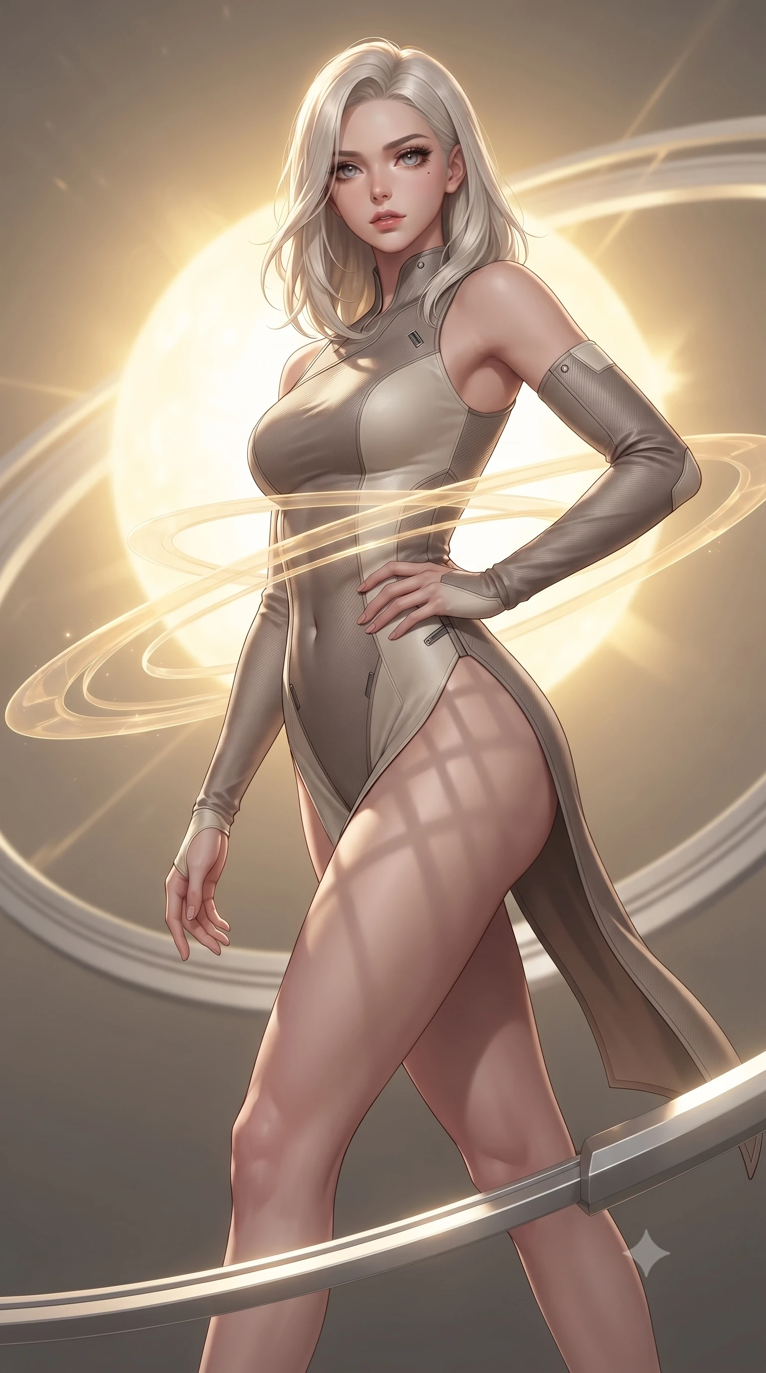 score_9, masterpiece, best quality, ultra-detailed, high-budget anime keyframe, editorial fashion photography, tasteful artistic composition, Caucasian woman. close-up cowboy shot from the waist and thighs up, the character dominates the composition, filling the frame with her large presence, background elements kept in soft focus. Holding a powerful dynamic pose with one hand on her hip and body angled dramatically toward the key light while stepping forward with a proud statuesque stride along a platinum ring suspended over a sun core, translucent golden energy rings orbiting around her slender waist in mid-air. She has an exceptionally elegant, slender, and willowy female figure with an ultra-slim waist, a gracefully sculpted slender torso, and a refined silhouette. sharp v-shaped jawline, high-bridge nose, intricate jewel-like eyes with depth, thick eyelashes, glossy lips with a natural sheen, flawlessly proportioned anatomical accuracy, natural body alignment, perfectly sculpted elegant limbs, clean dynamic posture without body distortion. wearing an asymmetrical high-cut tech-bodysuit with detached sleeves in muted taupe and soft ivory, made of fine carbon-fiber weave and soft matte leather, finished with a sleek side slit ascending to mid-thigh, the sleek second-skin texture accentuating her magnetic presence. illuminated by a majestic golden key light casting sharp dynamic shadow grids. ultra-reflective glossy finish, specular highlights, metallic sheen, high-contrast stereoscopic depth, volumetric dynamic lighting, 2k, ultra detail, master piece, 9:16 ratio