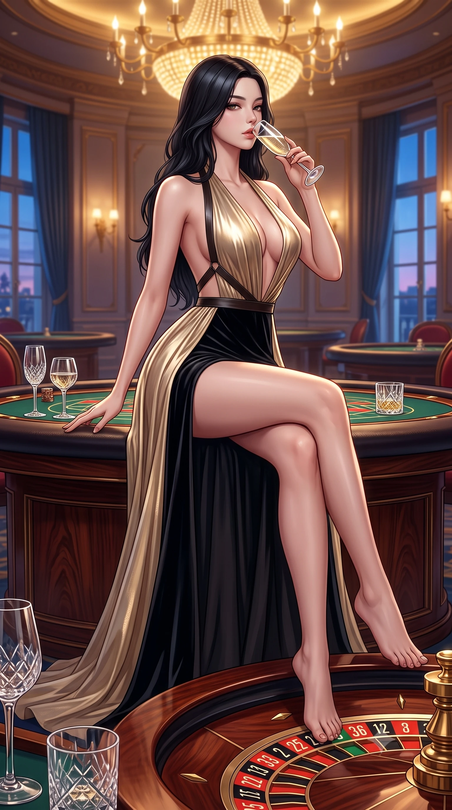 score_9, masterpiece, best quality, ultra-detailed, high-budget anime keyframe, semi-realistic 3D game render, editorial fashion photography, tasteful artistic composition, Korean woman. low angle full-body shot from head to toe showing her feet, filling the entire 9:16 vertical frame with her statuesque presence, stretching her vertical silhouette. striding forward in a proud supermodel runway stride, hips swaying in an alluring kinetic rhythm that accentuates her curvy hourglass silhouette while perching on the rim of a luxury mahogany roulette table with legs crossed, arching her lower back while holding a crystal champagne flute to her lips. The surrounding environment is rendered in vivid detail and crisp panoramic clarity. sharp roulette wheel brass numerals, polished mahogany wood grain, and crystal glass facets in deep focus. She has an absolutely perfect, statuesque 8.5-heads proportion, an exceptionally tall and slender model-like female figure with impossibly long slender legs, a toned flat midriff, an ultra-slim waist, and beautifully sculpted feminine hips. sharp v-shaped jawline, high-bridge nose, intricate jewel-like eyes with depth, thick eyelashes, glossy parted lips with a natural sheen, intensely captivating and seductive bedroom-eyes expression, flawlessly proportioned anatomical accuracy, strict slender model proportions, natural body alignment, perfectly sculpted long slender limbs, ultra-slim waistline, clean dynamic posture without body distortion. wearing a plunging halter-neck liquid metallic gown with an ultra-deep open back and an ultra-high side slit ascending to the hip in champagne gold and midnight black velvet, woven from layered gossamer chiffon with a weightless sweeping drape, featuring an open-back criss-cross harness strap in dark leather, the dramatically scooped open back descending to the base of her spine, accentuating her razor-sharp statuesque lines and curvy hourglass silhouette. bathed in opulent golden casino chandelier light and cool Mediterranean twilight ambient fill. highly saturated vibrant anime colors, detailed shading with soft gradients, rich glossy textures, high-contrast stereoscopic depth, volumetric dynamic lighting, master piece, 9:16 ratio