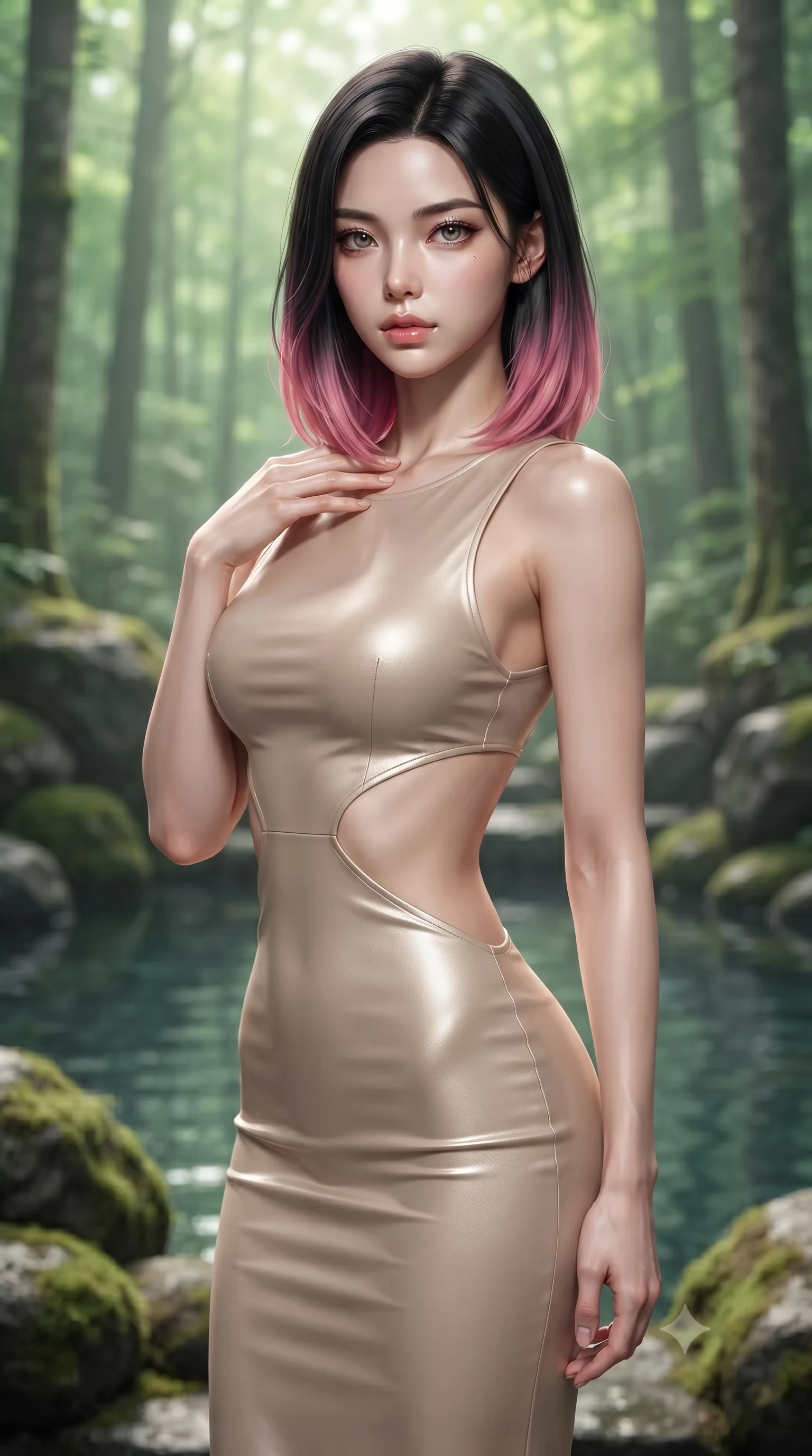 score_9, masterpiece, best quality, ultra-detailed, high-budget anime keyframe, editorial fashion photography, tasteful artistic composition, Korean woman woman. close-up cowboy shot from the waist and thighs up, the character dominates the composition, filling the frame with her large presence, background elements kept in soft focus. standing with one hand resting on her collarbone, looking at the viewer with bedroom-eyes the background shows a soft-focus a natural stone pool surrounded by mossy rocks and tall trees in a private estate. She has an exceptionally elegant, slender, and willowy female figure with an ultra-slim waist, a gracefully sculpted slender torso, and a refined silhouette. sharp v-shaped jawline, high-bridge nose, intricate jewel-like eyes with depth, thick eyelashes, glossy lips with a natural sheen. wearing a body-hugging summer vacation dress in soft beige with dramatic architectural waist cutouts and a low back. soft diffused green light filtering through the dense forest canopy. ultra-reflective glossy finish, specular highlights, metallic sheen, high-contrast stereoscopic depth, volumetric dynamic lighting, 2k, ultra detail, master piece, 9:16 ratio