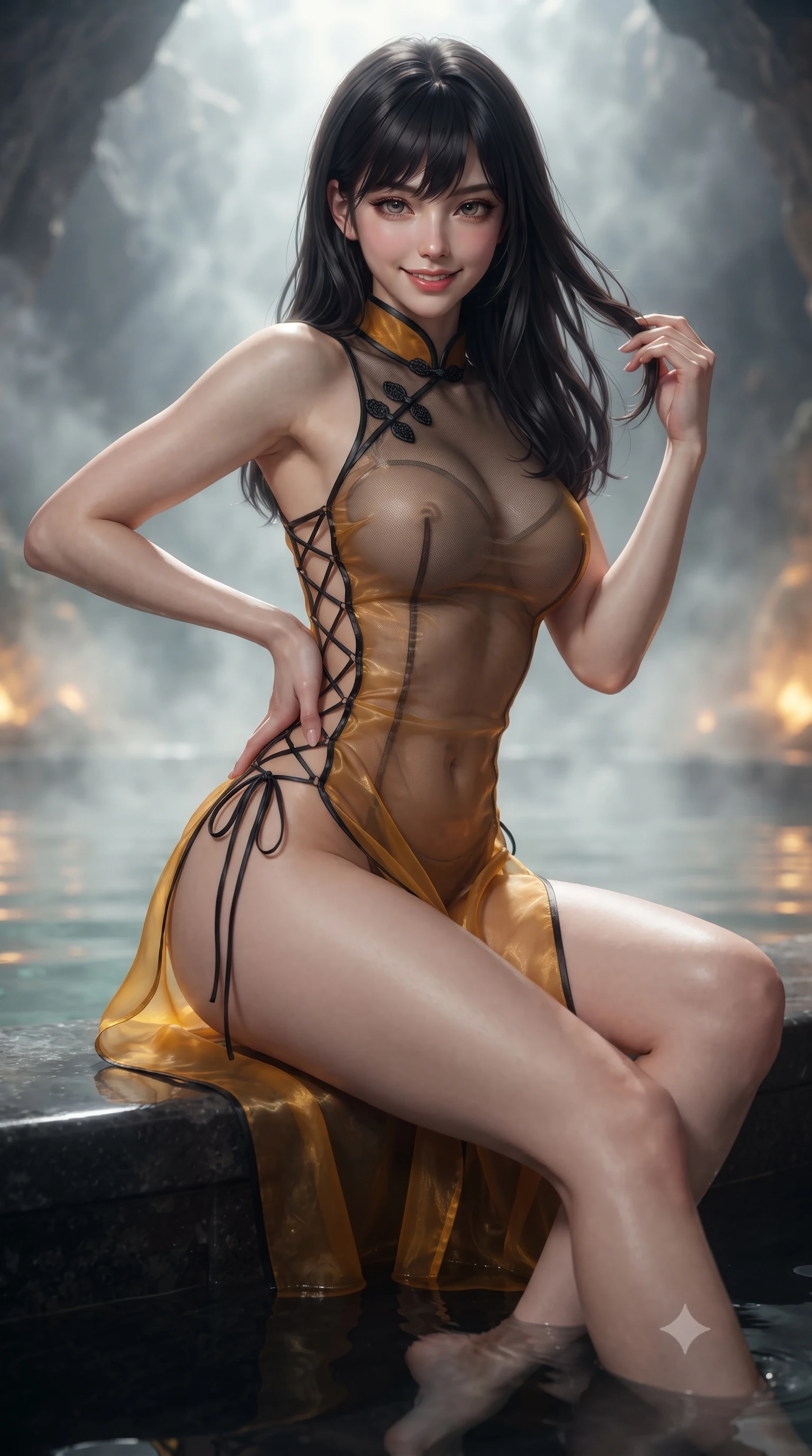 score_9, masterpiece, best quality, ultra-detailed, high-budget anime keyframe, editorial fashion photography, tasteful artistic composition, Caucasian woman. close-up cowboy shot from the waist and thighs up, the character dominates the composition, filling the frame with her large presence. twisting her slender torso in an alluring contrapposto stance, one hand resting on her sculpted hip while her fingers toy with her hair with effortless poise while sitting perched on the smooth stone coping with one knee bent and legs extended, casting a hypnotic, heavy-lidded gaze toward the lens. The background shows a soft-focus rising thermal cavern vapor softened in mystical ancient sanctuary shallow focus. She has an exceptionally elegant, slender, and willowy female figure with an ultra-slim waist, flat toned midriff, narrow ribcage, and sculpted feminine hips creating an alluring, slim hourglass silhouette without bulk. sharp v-shaped jawline, high-bridge nose, intricate jewel-like sparkling eyes with depth, thick eyelashes, glossy parted lips with a natural peach sheen, bright cheerful beaming smile with an enchanting and coquettish sensual glint, exuding both youthful cute charm and seductive allure, flawlessly proportioned anatomical accuracy, strict slender model proportions, natural body alignment, perfectly sculpted long slender limbs, ultra-slim waistline, clean dynamic posture without body distortion. wearing a provocative sheer silk organza modern qipao dress with dramatic hip-high side slits and translucent mesh frog-button bodice in Hakone steaming sulfur amber and volcanic basalt black, crafted from translucent silk organza with an ethereal crystalline sheen, featuring fine criss-cross lace-up side ties revealing tantalizing glimpses of her hip curve, the liquid-tight tailored fabric clinging flawlessly to her narrow waist and rounded feminine hips, emphasizing every millimeter of her sculpted slim hourglass curves without any bulky heaviness. illuminated by dark water mirror reflections and sharp amber-gold rim lights defining her razor-sharp jawline, narrow waist, and curvy hips. ultra-reflective glossy finish, specular highlights, rich textural contrasts, high-contrast stereoscopic depth, volumetric dynamic lighting, 2k, ultra detail, master piece, 9:16 ratio