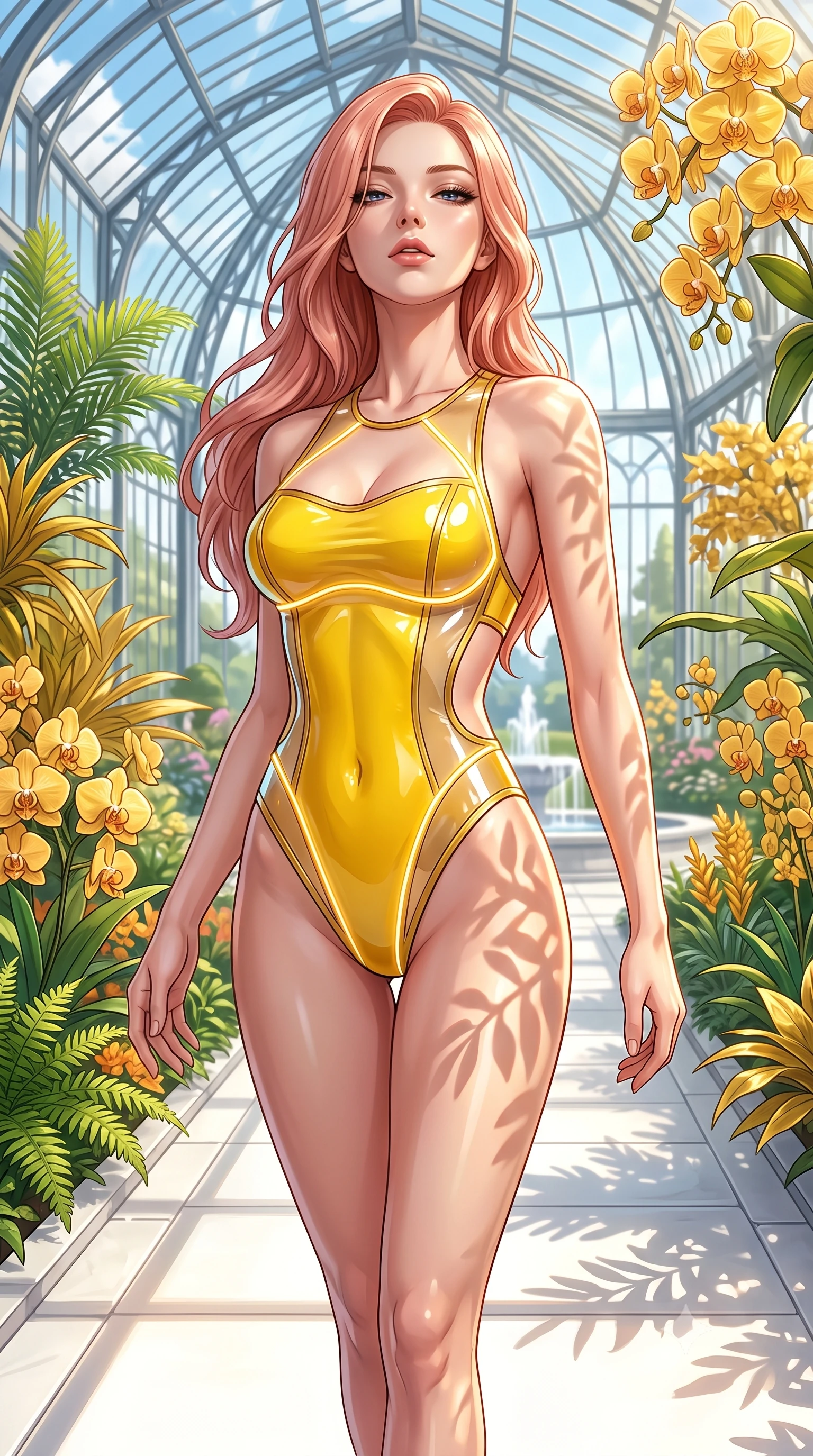 score_9, masterpiece, best quality, ultra-detailed, high-budget anime keyframe, semi-realistic 3D game render, editorial fashion photography, tasteful artistic composition, Japanese woman. close-up cowboy shot from the waist and thighs up, the character dominates the composition, filling the frame with her large presence. tilting her head back with a sensual alluring expression, exposing her throat and shoulders to the camera with heavy lashes and softly parted glossy lips while walking gracefully along a sunlit white stone aisle in a grand crystal conservatory surrounded by golden orchids. The surrounding environment is rendered in vivid detail and crisp panoramic clarity. vibrant emerald and gold plant textures rendered with high environmental clarity. She has an exceptionally elegant, slender, and willowy female figure with an ultra-slim waist, a gracefully sculpted slender torso, toned flat midriff, and a refined slim silhouette. sharp v-shaped jawline, high-bridge nose, intricate jewel-like eyes with depth, thick eyelashes, glossy lips with a natural sheen, flawlessly proportioned anatomical accuracy, strict slender model proportions, natural body alignment, perfectly sculpted long slender limbs, ultra-slim waistline, clean dynamic posture without body distortion. wearing a high-cut translucent vinyl leotard with front paneling, exposed side-rib cutouts, and an open back in vibrant sunburst canary yellow and gold trim, crafted from ultra-reflective second-skin latex with a high-gloss glass-like polish, accented with glowing fiber-optic seams tracing her collarbones and hip curves, the liquid-tight tailored fabric emphasizing every curve of her tall, slender model proportions and sculptured silhouette during dynamic movement. illuminated by fresh botanical ambient radiance with organic leaf-shadow stencils on her skin. highly saturated vibrant anime colors, detailed shading with soft gradients, rich glossy textures, high-contrast stereoscopic depth, volumetric dynamic lighting, master piece, 9:16 ratio