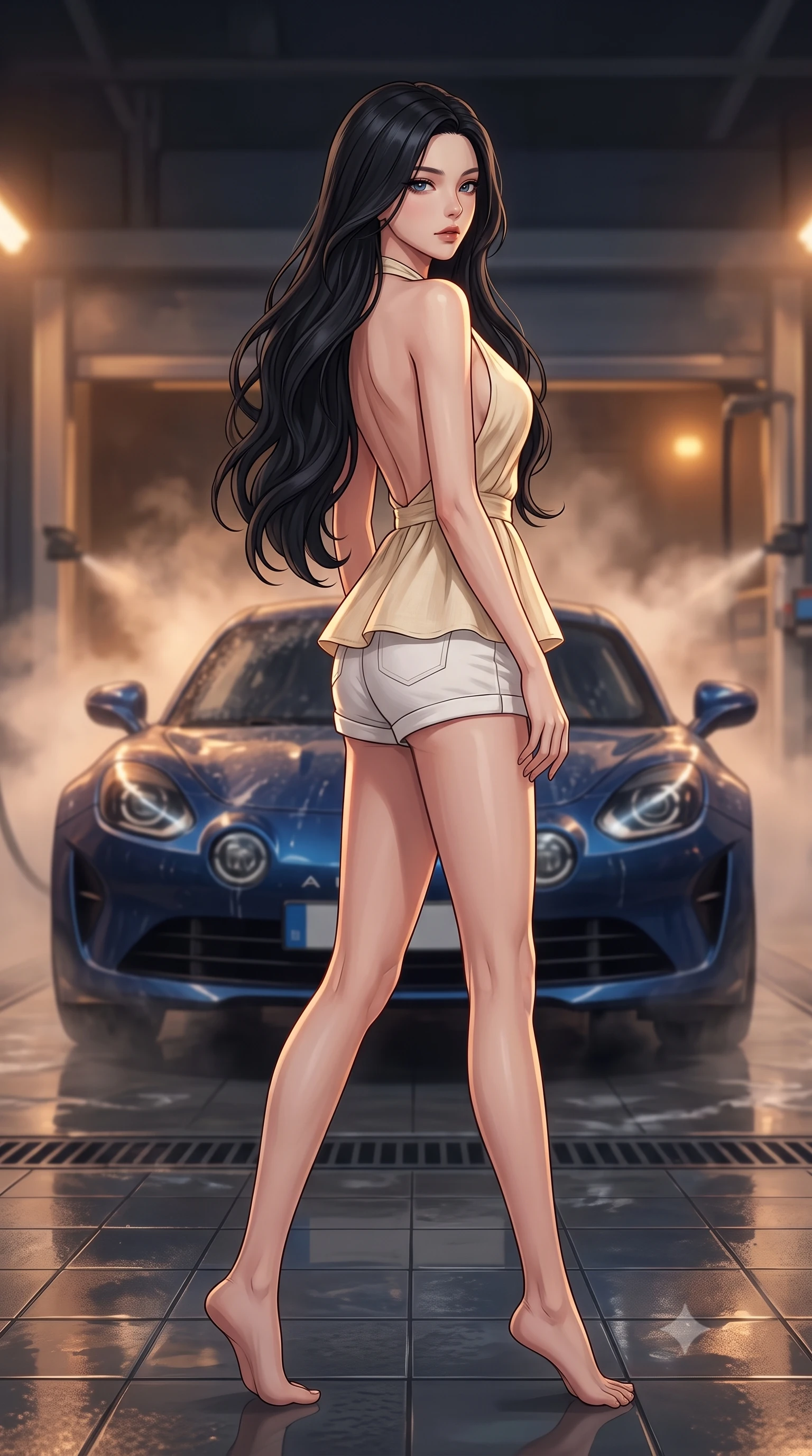 score_9, masterpiece, best quality, ultra-detailed, high-budget anime keyframe, tasteful artistic composition, Korean woman. low angle full-body shot from head to toe showing her feet, filling the entire 9:16 vertical frame with her statuesque presence, stretching her vertical silhouette. stepping gracefully while looking back over her shoulder, her dress draped tightly to reveal her silhouette the background shows a soft-focus an automated wash bay with steam rising softly around a dark blue sports car. She has an absolutely perfect, statuesque 8.5-heads proportion, an exceptionally tall and slender model-like female figure with impossibly long slender legs and an ultra-slim waist. sharp v-shaped jawline, high-bridge nose, intricate jewel-like eyes with depth, thick eyelashes, glossy lips with a natural sheen. wearing a slim-fit stylish linen halter top with an open-back design, paired with white micro-shorts. warm low-key amber lights highlighting the glossy steam and wet textures. highly saturated vibrant anime colors, cel-shading, 2d style, master piece, 9:16 ratio