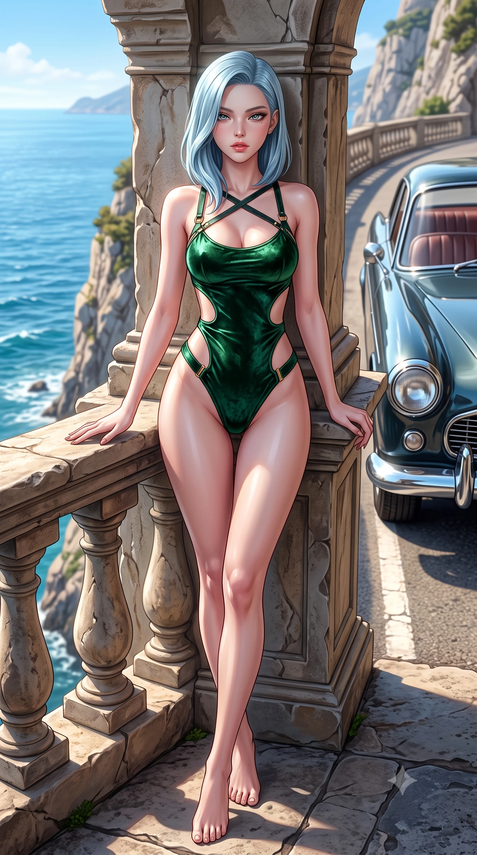 score_9, masterpiece, best quality, ultra-detailed, high-budget anime keyframe, semi-realistic 3D game render, editorial fashion photography, tasteful artistic composition, Korean woman. low angle full-body shot from head to toe showing her feet, filling the entire 9:16 vertical frame with her statuesque presence, stretching her vertical silhouette. leaning deep against the structural architecture with hips cocked in an unapologetically bold, seductive high-fashion stance while resting both hands against the stone cliffside railing overlooking the azure Mediterranean, her tight knit dress highlighting her sculpted slim hips in the breeze. The surrounding environment is rendered in vivid detail and crisp panoramic clarity. sharp vintage car chrome accents, stitched leather seat seams, and weathered stone railing in deep focus. She has an exceptionally tall and slender model-like 8.5-heads proportion, an ultra-slim waist, a flat toned midriff, narrow delicate ribcage, and beautifully sculpted feminine hips creating a graceful, slim hourglass silhouette without any bulky heaviness, with impossibly long slender legs. sharp v-shaped jawline, high-bridge nose, intricate jewel-like eyes with depth, thick eyelashes, glossy parted lips with a natural sheen, intensely captivating and seductive bedroom-eyes expression, flawlessly proportioned anatomical accuracy, strict slender model proportions, natural body alignment, perfectly sculpted long slender limbs, ultra-slim waistline, clean dynamic posture without body distortion. wearing a botanical cutout monokini with organic leaf-curve side openings and high-cut hip bands in deep emerald green satin and gold hardware, crafted from heavyweight crushed silk velvet with liquid vintage luster, featuring an open-back criss-cross harness strap in dark leather, the form-contouring material adhering flawlessly to her sculpted flat midriff and slender torso, emphasizing her long leg lines and perfectly proportioned willowy build. surrounded by a carefree, elite, and irresistibly magnetic Saint-Tropez heiress aura. highly saturated vibrant anime colors, detailed shading with soft gradients, rich glossy textures, high-contrast stereoscopic depth, volumetric dynamic lighting, master piece, 9:16 ratio