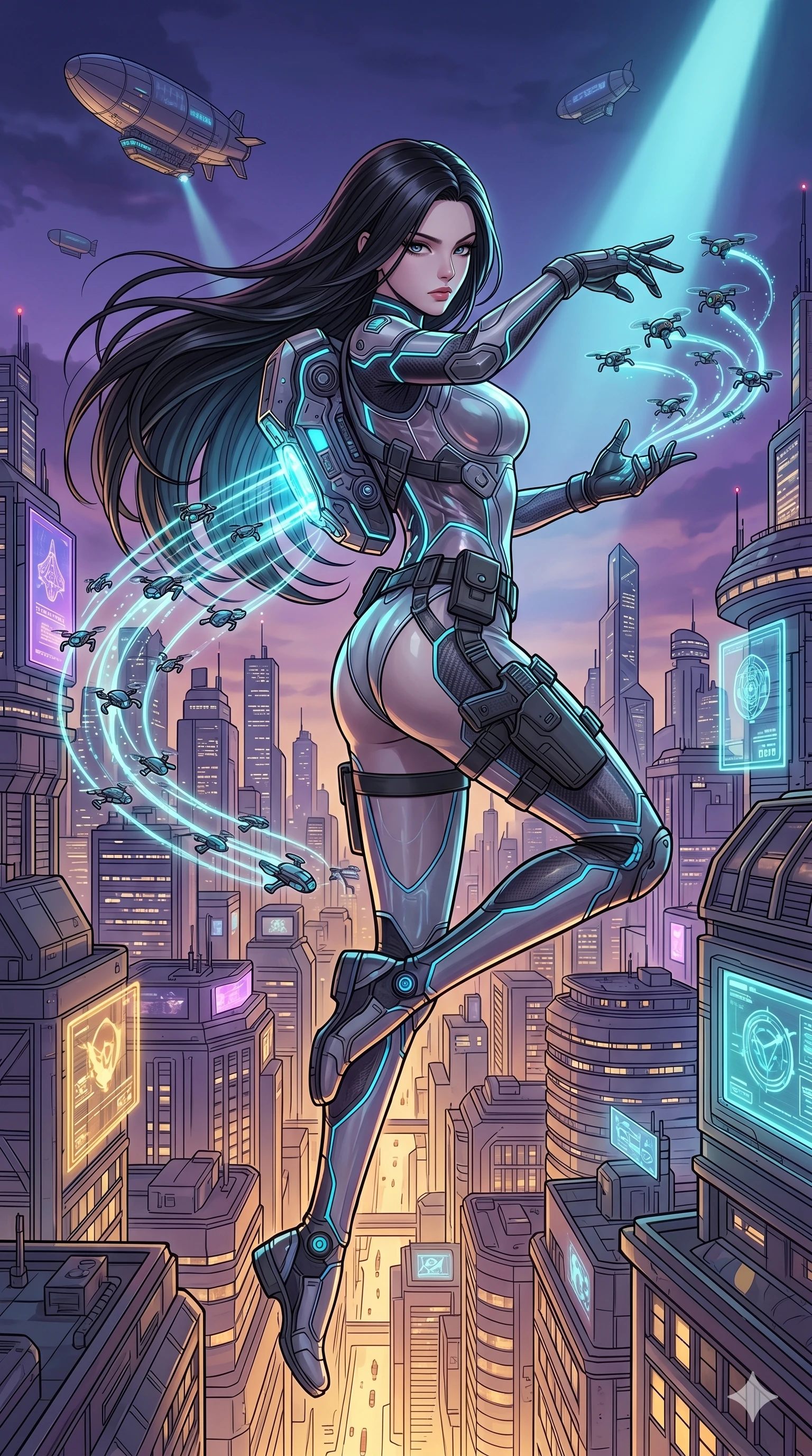 score_9, masterpiece, best quality, ultra-detailed, high-budget anime movie keyframe, cinematic anime lighting, intricate line art, Caucasian (strictly human ears) woman. Mid-air action shot capturing a graceful twist and vertical silhouette. assembling a squad of tiny scout drones that fly from her backpack. She has an absolutely perfect 8-heads proportion, an exceptionally tall and slender female figure with an ultra-slim waist and impossibly long slender legs. strictly human anatomy, two legs only, no extra limbs, clearly defined legs and arms, perfect anatomy, perfect hands and fingers. sharp v-shaped jawline, high-bridge nose, intricate jewel-like eyes, thick eyelashes, glossy lips. Wearing Tech-Fantasy: Cybernetic tech-suit with glowing seams, translucent PVC over leotard, and modular tactical gear. The scene is illuminated by dramatic atmospheric lighting and vibrant color palettes. , 2k, ultra detail, master piece, 9:16 ratio