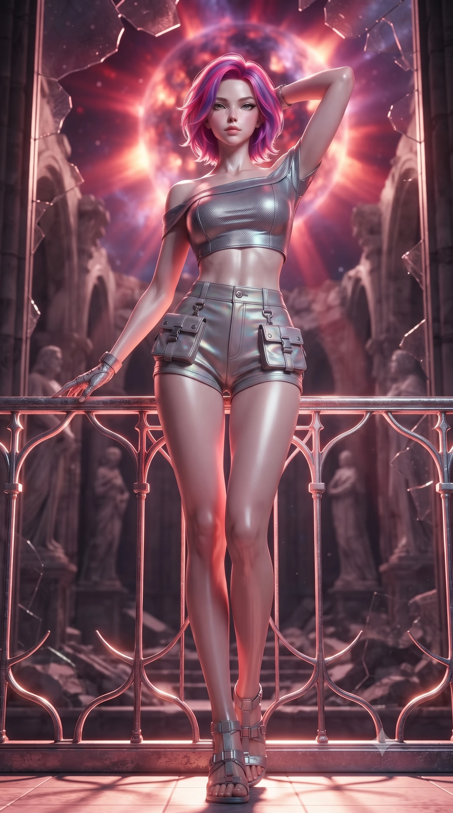 score_9, masterpiece, best quality, ultra-detailed, high-budget anime keyframe, editorial fashion photography, tasteful artistic composition, Caucasian woman. low angle full-body shot from head to toe showing her feet, filling the entire 9:16 vertical frame with her statuesque presence, stretching her vertical silhouette. standing in a tall, confident posture with one hand on a glowing metal railing, stretching her statuesque body, the background shows a soft-focus a ruined space cathedral built next to a massive dying star supernova. She has an absolutely perfect, statuesque 8.5-heads proportion, an exceptionally tall and slender model-like female figure with impossibly long slender legs and an ultra-slim waist. sharp v-shaped jawline, high-bridge nose, intricate jewel-like eyes with depth, thick eyelashes, glossy lips with a natural sheen. wearing a tailored chic off-shoulder carbon-plate crop top, paired with high-waisted utility micro-shorts. the dying star supernova casting deep crimson highlights on the stone walls. ultra-reflective glossy finish, specular highlights, metallic sheen, high-contrast stereoscopic depth, volumetric dynamic lighting, 2k, ultra detail, master piece, 9:16 ratio