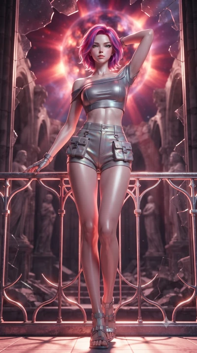 score_9, masterpiece, best quality, ultra-detailed, high-budget anime keyframe, editorial fashion photography, tasteful artistic composition, Caucasian woman. low angle full-body shot from head to toe showing her feet, filling the entire 9:16 vertica