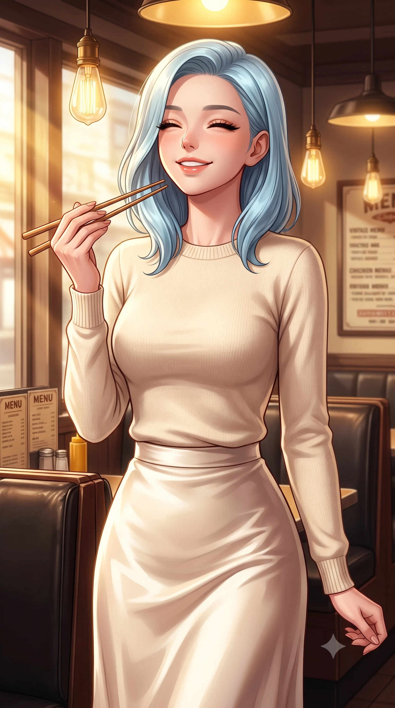 score_9, masterpiece, best quality, ultra-detailed, high-budget anime keyframe, editorial fashion photography, tasteful artistic composition, Korean woman. close-up cowboy shot from the waist and thighs up, the character dominates the composition, filling the frame with her large presence, background elements kept in soft focus. smiling happily with closed eyes, enjoying the warm sunbeams on her face set against a soft-focus background of in a cozy traditional diner corner with leather booths and vintage menus holding a pair of chopsticks with a cute, excited look before eating. She has an exceptionally elegant, slender, and willowy female figure with an ultra-slim waist, a gracefully sculpted slender torso, and a refined silhouette. sharp v-shaped jawline, high-bridge nose, intricate jewel-like eyes with depth, thick eyelashes, glossy lips with a natural sheen. wearing tailored cozy cashmere sweater in cream, paired with a satin midi skirt. warm golden lighting from hanging lightbulbs creating a cozy dinner mood. highly saturated vibrant anime colors, detailed shading with soft gradients, rich glossy textures, high-contrast stereoscopic depth, volumetric dynamic lighting, master piece, 9:16 ratio