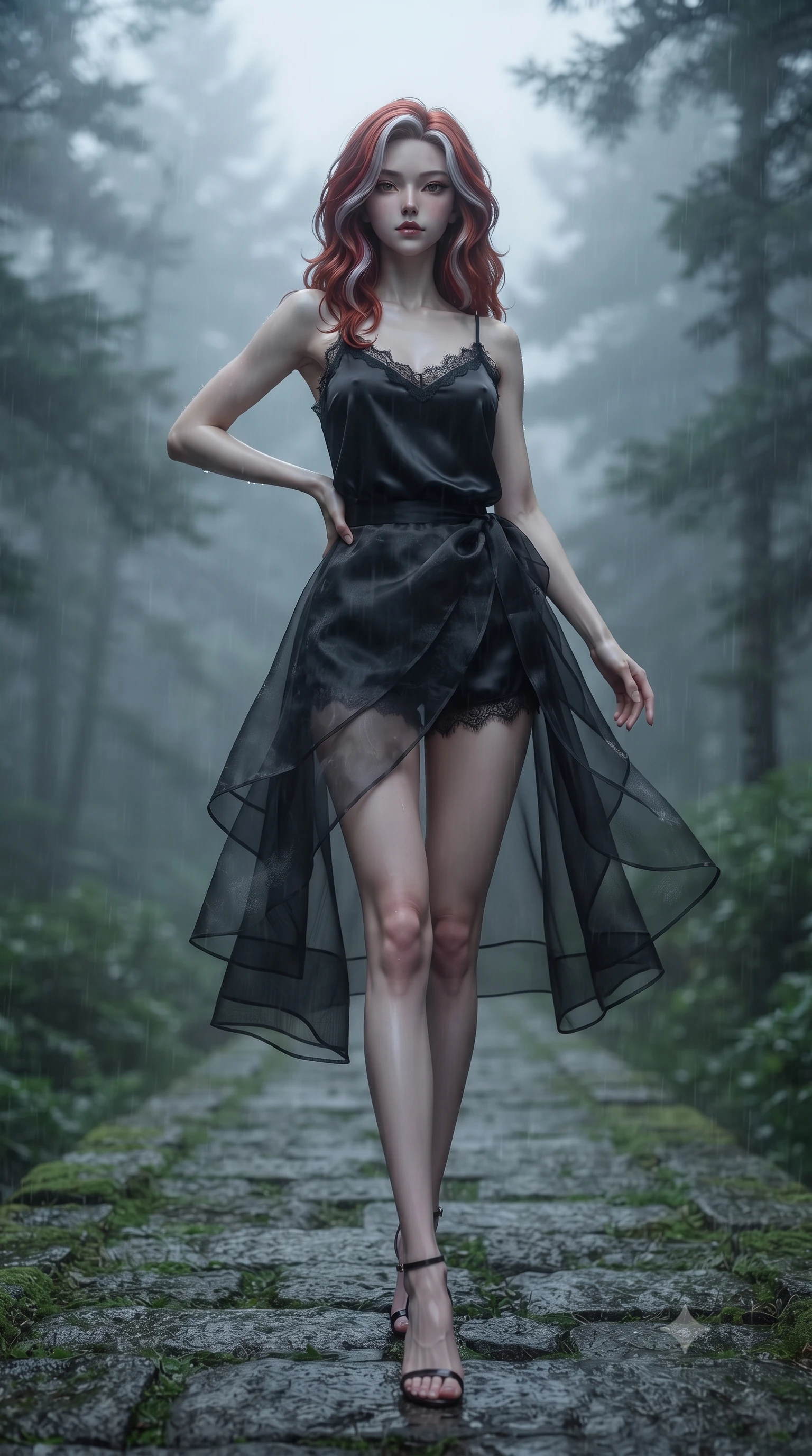 score_9, masterpiece, best quality, ultra-detailed, high-budget anime keyframe, editorial fashion photography, tasteful artistic composition, Caucasian woman. low angle full-body shot from head to toe showing her feet, filling the entire 9:16 vertical frame with her statuesque presence, stretching her vertical silhouette. posing confidently with one hand on her hip, stretching her statuesque body to emphasize her curves the background shows a soft-focus a secluded stone path in an old pine forest under a heavy fog and gentle rain. She has an absolutely perfect, statuesque 8.5-heads proportion, an exceptionally tall and slender model-like female figure with impossibly long slender legs and an ultra-slim waist. sharp v-shaped jawline, high-bridge nose, intricate jewel-like eyes with depth, thick eyelashes, glossy lips with a natural sheen. wearing a body-hugging delicate lace-trim camisole in black silk, paired with a sheer organza wrap skirt and shorts. soft diffused twilight light tracing her jawline with a cold silver rim light. ultra-reflective glossy finish, specular highlights, metallic sheen, high-contrast stereoscopic depth, volumetric dynamic lighting, 2k, ultra detail, master piece, 9:16 ratio