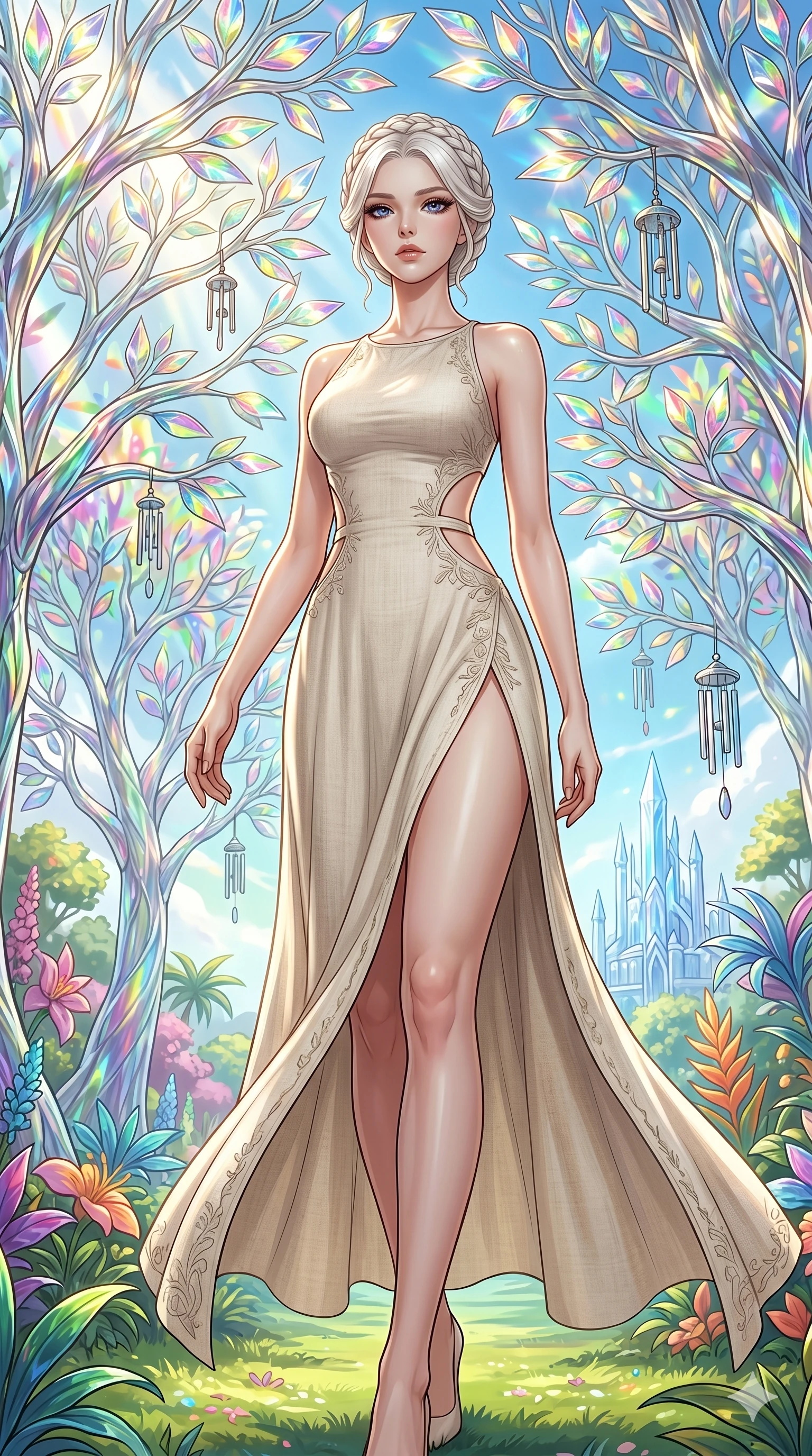 score_9, masterpiece, best quality, ultra-detailed, Set C: High-budget Anime Keyframe, Korean woman. Low angle cowboy shot filling the entire 9:16 frame with her statuesque presence. Walking through a garden of glass trees that chime in the wind. She has an absolutely perfect 8-heads proportion, an exceptionally tall and slender female figure with elegant long slender legs and an slender waist. Sharp v-shaped jawline, high-bridge nose, intricate jewel-like eyes with depth, thick eyelashes, glossy lips. Wearing a Seasonal/Resort outfit: linen sundress with side cut-outs and a high side slit. Background is a bright and colorful fantasy garden with prismatic glass leaves and vibrant light. 2k, ultra detail, master piece, 9:16 ratio