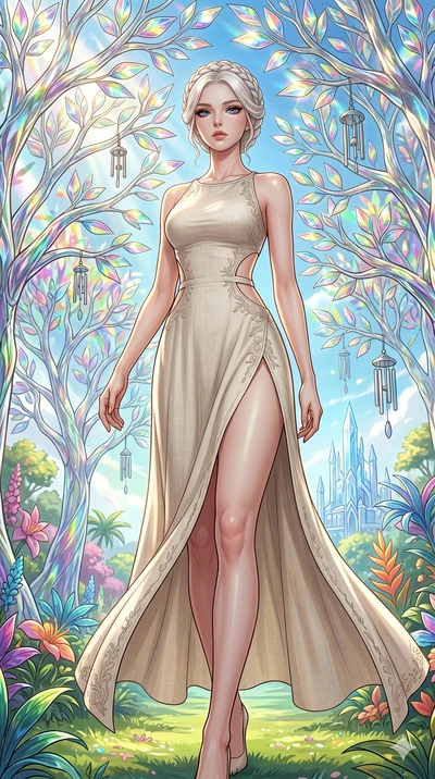 score_9, masterpiece, best quality, ultra-detailed, Set C: High-budget Anime Keyframe, Korean woman. Low angle cowboy shot filling the entire 9:16 frame with her statuesque presence. Walking through a garden of glass trees that chime in the wind. She