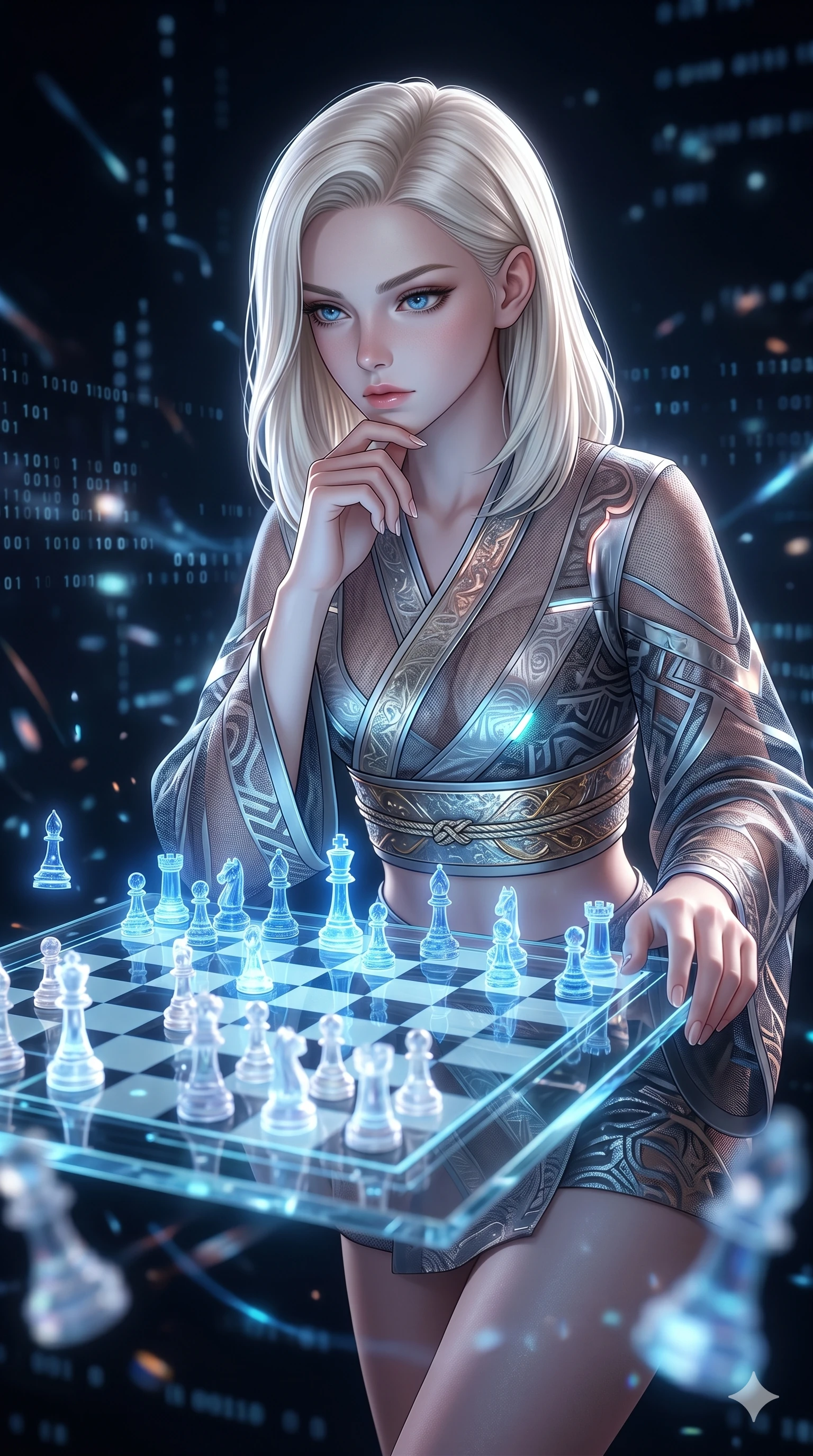 score_9, masterpiece, best quality, ultra-detailed, high-budget anime keyframe, editorial fashion photography, tasteful artistic composition, Caucasian woman, strictly human ears. Upper body close-up from the thighs up, character filling the screen for maximum presence. Inside a digital void, next to a floating glass chess board, leaning over the board, contemplating her next move with a focused look. She is wearing a cropped cyber-kimono wrap top with sheer panels and metallic sash. The scene is illuminated by the glowing blue and white chess pieces. 2k, ultra detail, master piece, 9:16 ratio