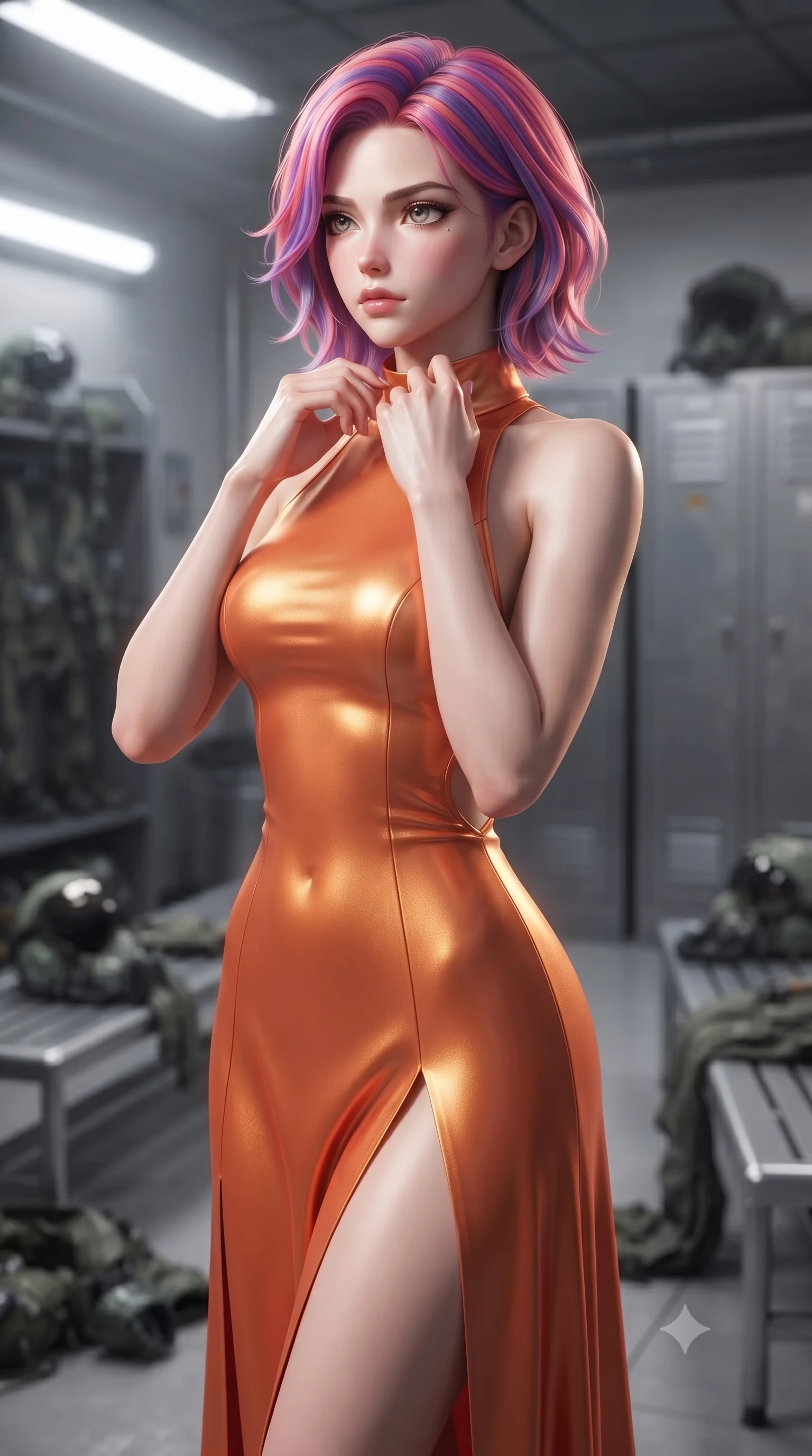 score_9, masterpiece, best quality, ultra-detailed, high-budget anime keyframe, editorial fashion photography, tasteful artistic composition, Caucasian woman. close-up cowboy shot from the waist and thighs up, the character dominates the composition, filling the frame with her large presence, background elements kept in soft focus. adjusting the high collar of her body-hugging suit, looking past the camera with quiet, sharp focus and a composed expression, the background shows a soft-focus a pilot ready room with metal benches, flight gear, and composite lockers. She has an exceptionally elegant, slender, and willowy female figure with an ultra-slim waist, a gracefully sculpted slender torso, and a refined silhouette. sharp v-shaped jawline, high-bridge nose, intricate jewel-like eyes with depth, thick eyelashes, glossy lips with a natural sheen. wearing a tailored high-slit space combat gown in sunset orange chiffon, featuring a daring thigh-slit and an open-back design. bright halogen lamps casting detailed front illumination with soft shadows. ultra-reflective glossy finish, specular highlights, metallic sheen, high-contrast stereoscopic depth, volumetric dynamic lighting, 2k, ultra detail, master piece, 9:16 ratio