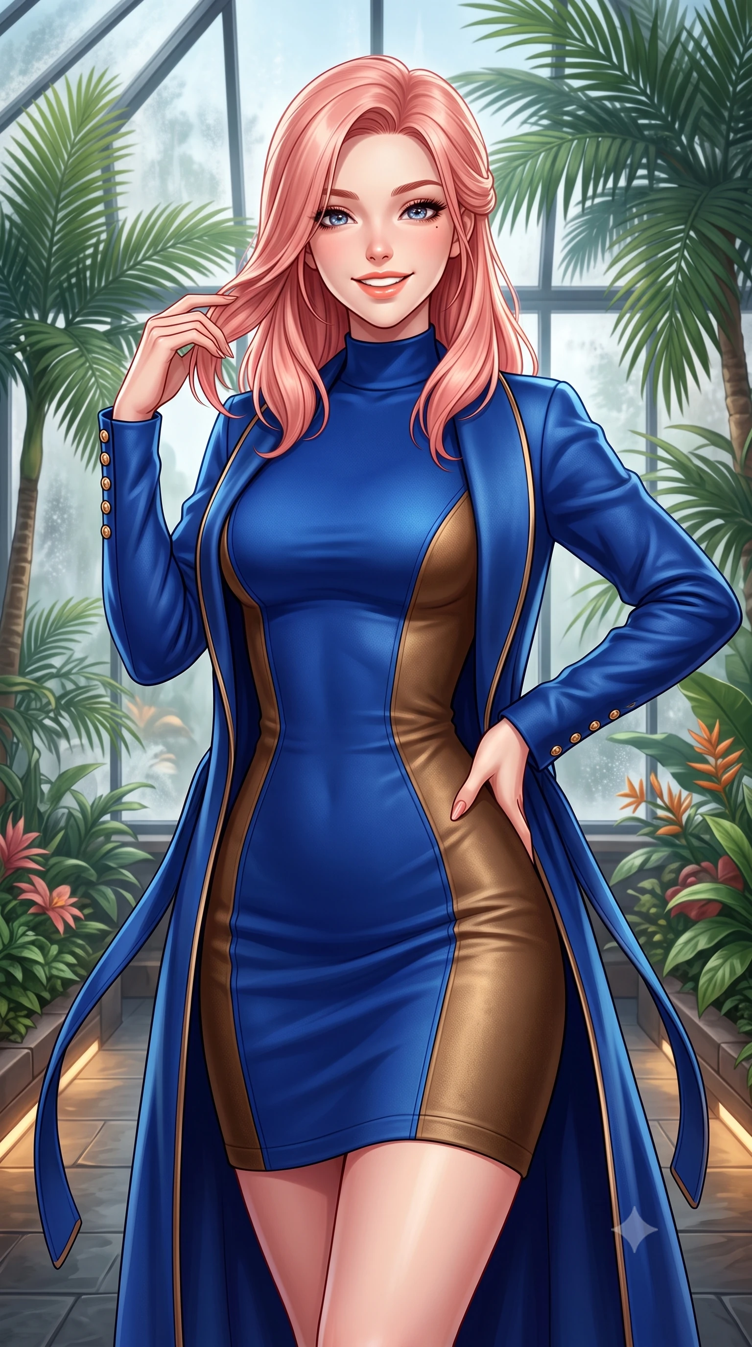 score_9, masterpiece, best quality, ultra-detailed, high-budget anime keyframe, semi-realistic 3D game render, editorial fashion photography, tasteful artistic composition, Japanese woman. close-up cowboy shot from the waist and thighs up, the character dominates the composition, filling the frame with her large presence. twisting her slender torso in an alluring contrapposto stance, one hand toying with her hair while her gaze radiates magnetic charm while standing poised on the warm slate floor of the indoor winter garden pavilion surrounded by lush tropical palms, smiling with serene relaxation. The surrounding environment is rendered in vivid detail and crisp panoramic clarity: detailed belted cashmere robe coat tailoring, silk piping borders, and master Swiss spa architecture in razor-sharp precision. She has an exceptionally elegant, slender, and willowy female figure with an ultra-slim waist, flat toned midriff, narrow ribcage, and sculpted feminine hips creating an alluring, slim hourglass silhouette without bulk. sharp v-shaped jawline, high-bridge nose, intricate jewel-like sparkling eyes with depth, thick eyelashes, glossy parted lips with a natural peach sheen, bright cheerful beaming smile with an enchanting and coquettish sensual glint, exuding both youthful cute charm and seductive allure, flawlessly proportioned anatomical accuracy, strict slender model proportions, natural body alignment, perfectly sculpted long slender limbs, ultra-slim waistline, clean dynamic posture without body distortion. wearing a sculpted double-faced wool knit dress with sleek architectural seam lines accentuating her flat midriff and feminine hips in royal sapphire blue and antique brushed bronze, crafted from buttery-soft stretch lambskin leather adhering to her body like a second skin, accented with delicate gold button studs trailing down the snug sleeve cuffs, the glove-like clinging cut tightly following the natural contour of her hips and long slender legs with youthful 8.5-heads elegance. bathed in calm diffused winter daylight filtering through steamy glass panes combined with warm 2800K recessed floor lights. highly saturated vibrant anime colors, detailed shading with soft gradients, rich glossy textures, high-contrast stereoscopic depth, volumetric dynamic lighting, master piece, 9:16 ratio