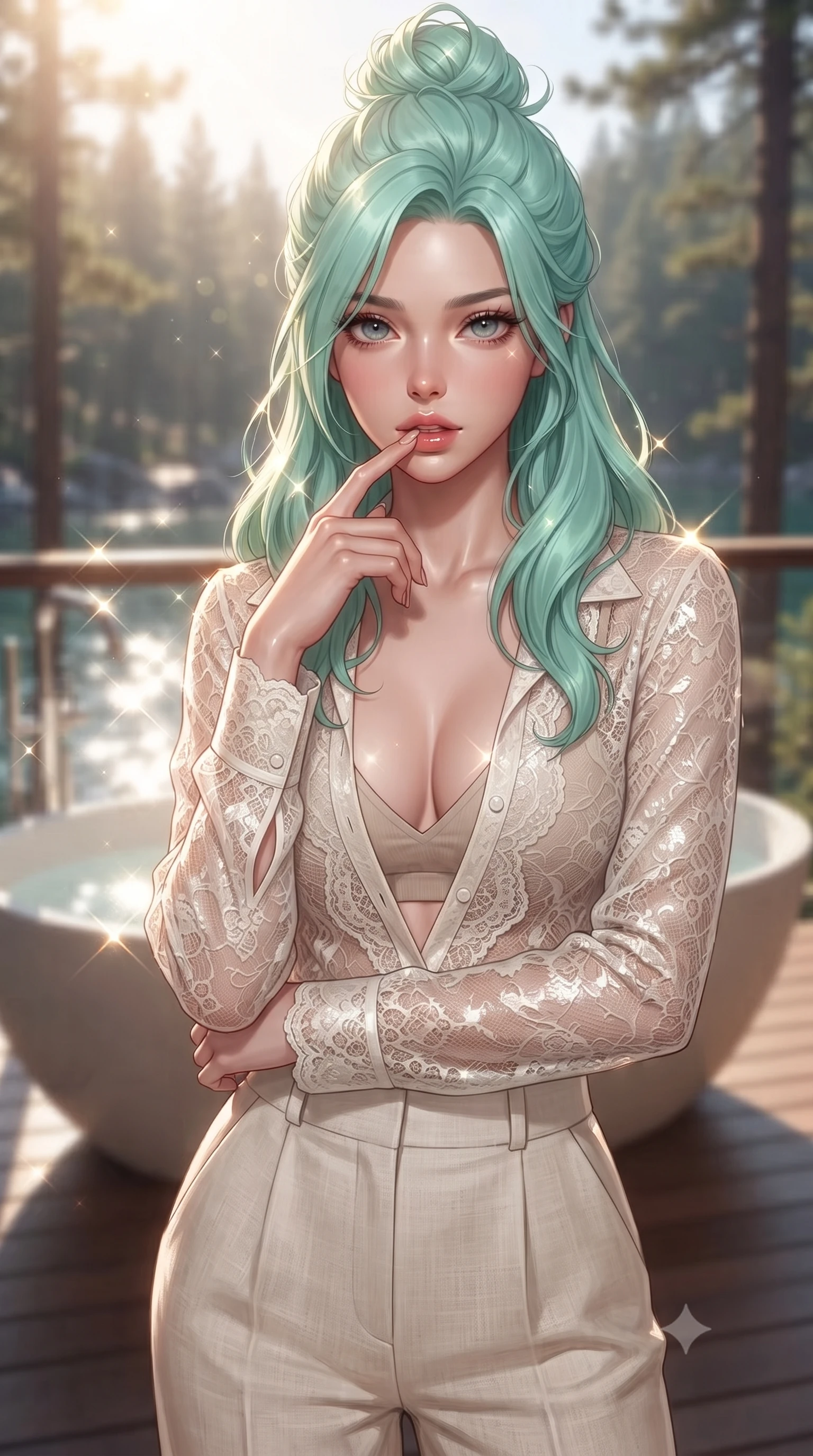 score_9, masterpiece, best quality, ultra-detailed, high-budget anime keyframe, editorial fashion photography, tasteful artistic composition, Japanese woman. close-up cowboy shot from the waist and thighs up, the character dominates the composition, filling the frame with her large presence, background elements kept in soft focus. pressing one finger to her bottom lip in a thoughtful, seductive gesture under the warm sun the background shows a soft-focus a luxury bath tub on a private deck overlooking a quiet bay in a pine forest. She has an exceptionally elegant, slender, and willowy female figure with an ultra-slim waist, a gracefully sculpted slender torso, and a refined silhouette. sharp v-shaped jawline, high-bridge nose, intricate jewel-like eyes with depth, thick eyelashes, glossy lips with a natural sheen. wearing a tailored sheer lace blouse in ivory white, worn over a simple beige bralette and high-waisted linen trousers. bright morning sun rays creating sparkling glints on the water and her form. ultra-reflective glossy finish, specular highlights, metallic sheen, high-contrast stereoscopic depth, volumetric dynamic lighting, 2k, ultra detail, master piece, 9:16 ratio