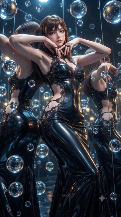 score_9, masterpiece, best quality, ultra-detailed, High-budget Anime Keyframe, editorial fashion photography, tasteful artistic composition, realistic cosplay photography, East Asian woman. Low angle cowboy shot filling the entire 9:16 frame with he