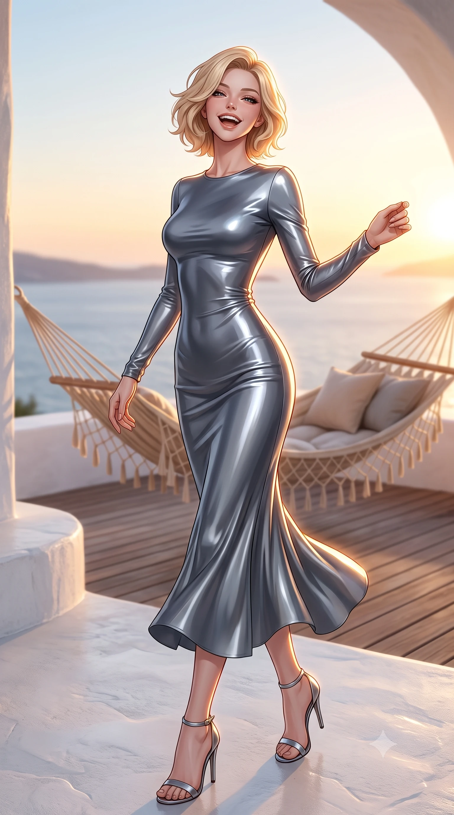 score_9, masterpiece, best quality, ultra-detailed, high-budget anime keyframe, editorial fashion photography, tasteful artistic composition, Caucasian woman. low angle full-body shot from head to toe showing her feet, filling the entire 9:16 vertical frame with her statuesque presence, stretching her vertical silhouette. twirling around with a playful, sensual laugh, her dress fluttering elegantly to accent her waistline set against a soft-focus background of on a white stone terrace of a Mediterranean-style resort overlooking the sea with a cozy woven hammock and soft cushions arranged on the wooden deck. She has an absolutely perfect, statuesque 8.5-heads proportion, an exceptionally tall and slender model-like female figure with impossibly long slender legs and an ultra-slim waist. sharp v-shaped jawline, high-bridge nose, intricate jewel-like eyes with depth, thick eyelashes, glossy lips with a natural sheen. wearing tailored body-hugging long-sleeve silk dress in slate grey, following her form elegantly. bright golden hour sunset tracing her silhouette with a warm glowing rim light. ultra-reflective glossy finish, specular highlights, metallic sheen, high-contrast stereoscopic depth, volumetric dynamic lighting, 2k, ultra detail, master piece, 9:16 ratio