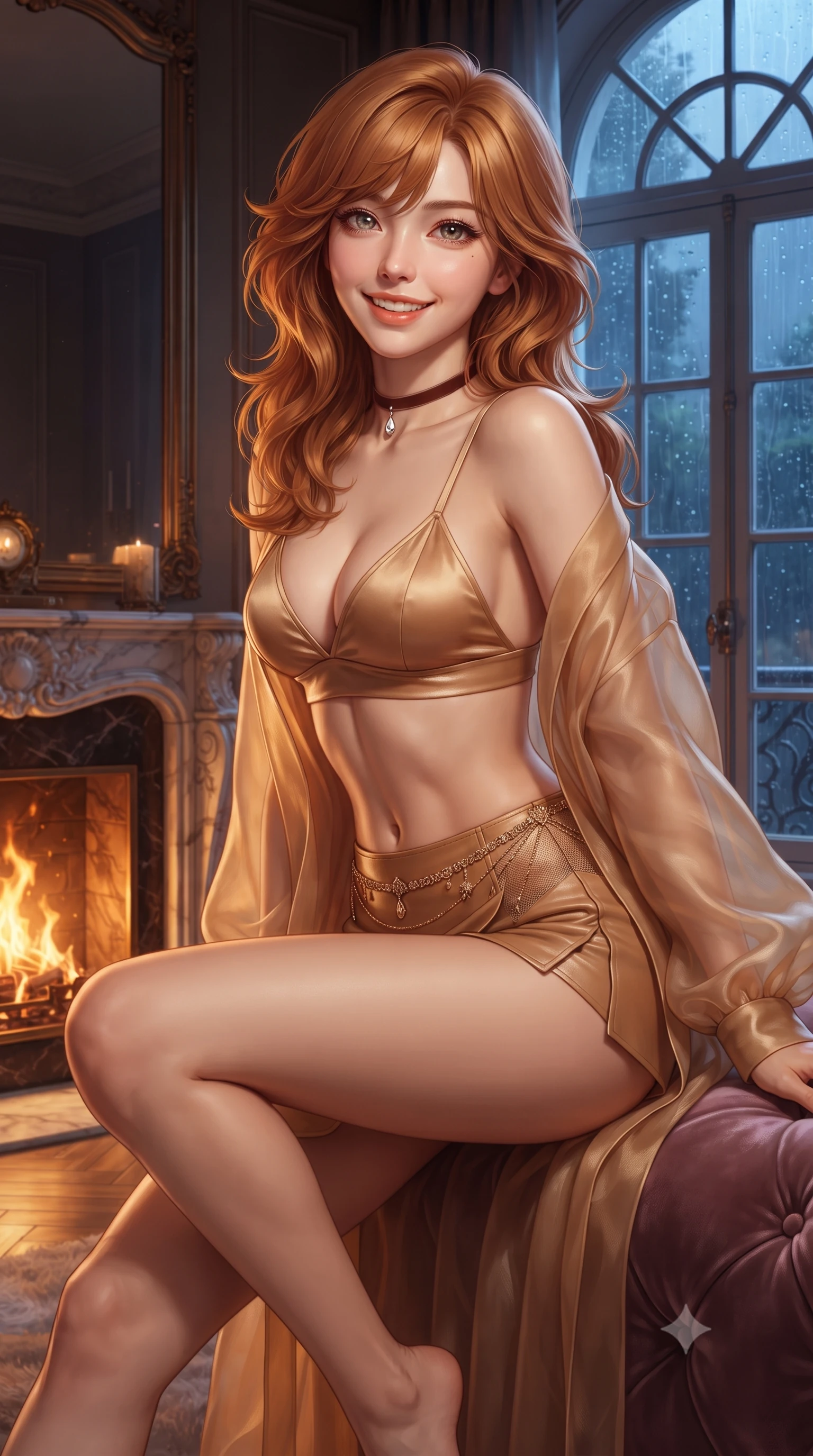 score_9, masterpiece, best quality, ultra-detailed, high-budget anime keyframe, editorial fashion photography, tasteful artistic composition, Korean woman. close-up cowboy shot from the waist and thighs up, the character dominates the composition, filling the frame with her large presence. perched sideways on the lounge seat, one knee drawn up to showcase her slender leg line while her arched back accentuates her feminine hip curve while twisting her slender torso in an alluring S-curve beside the tall arched window, midnight rain droplets and golden hearth light highlighting her flat midriff. The surrounding environment is rendered in vivid detail and crisp panoramic clarity: detailed sheer illusion mesh bodysuit flocking, gold waist chain shine, and historic French craftsmanship in high resolution. She has an exceptionally elegant, slender, and willowy female figure with an ultra-slim waist, flat toned midriff, narrow ribcage, and sculpted feminine hips creating an alluring, slim hourglass silhouette without bulk. sharp v-shaped jawline, high-bridge nose, intricate jewel-like sparkling eyes with depth, thick eyelashes, glossy parted lips with a natural peach sheen, bright cheerful beaming smile with an enchanting and coquettish sensual glint, exuding both youthful cute charm and seductive allure, flawlessly proportioned anatomical accuracy, strict slender model proportions, natural body alignment, perfectly sculpted long slender limbs, ultra-slim waistline, clean dynamic posture without body distortion. wearing a sheer silk organza modern caftan robe worn loose and slipping off bare shoulders over a matching satin bralette and micro-shorts in Beverly Hills honey champagne and warm toasted caramel, woven from buttery-soft stretch lambskin leather adhering to her body like a second skin, finished with a thin velvet ribbon choker and a single teardrop diamond pendant, the high-slit wrap tailoring accentuating her ultra-slim waistline and the enchanting curve of her feminine hips with alluring seductive charm. bathed in the warm dancing 2200K amber glow of the roaring marble fireplace contrasted with cool blue midnight window light. ultra-reflective glossy finish, specular highlights, rich textural contrasts, high-contrast stereoscopic depth, volumetric dynamic lighting, 2k, ultra detail, master piece, 9:16 ratio