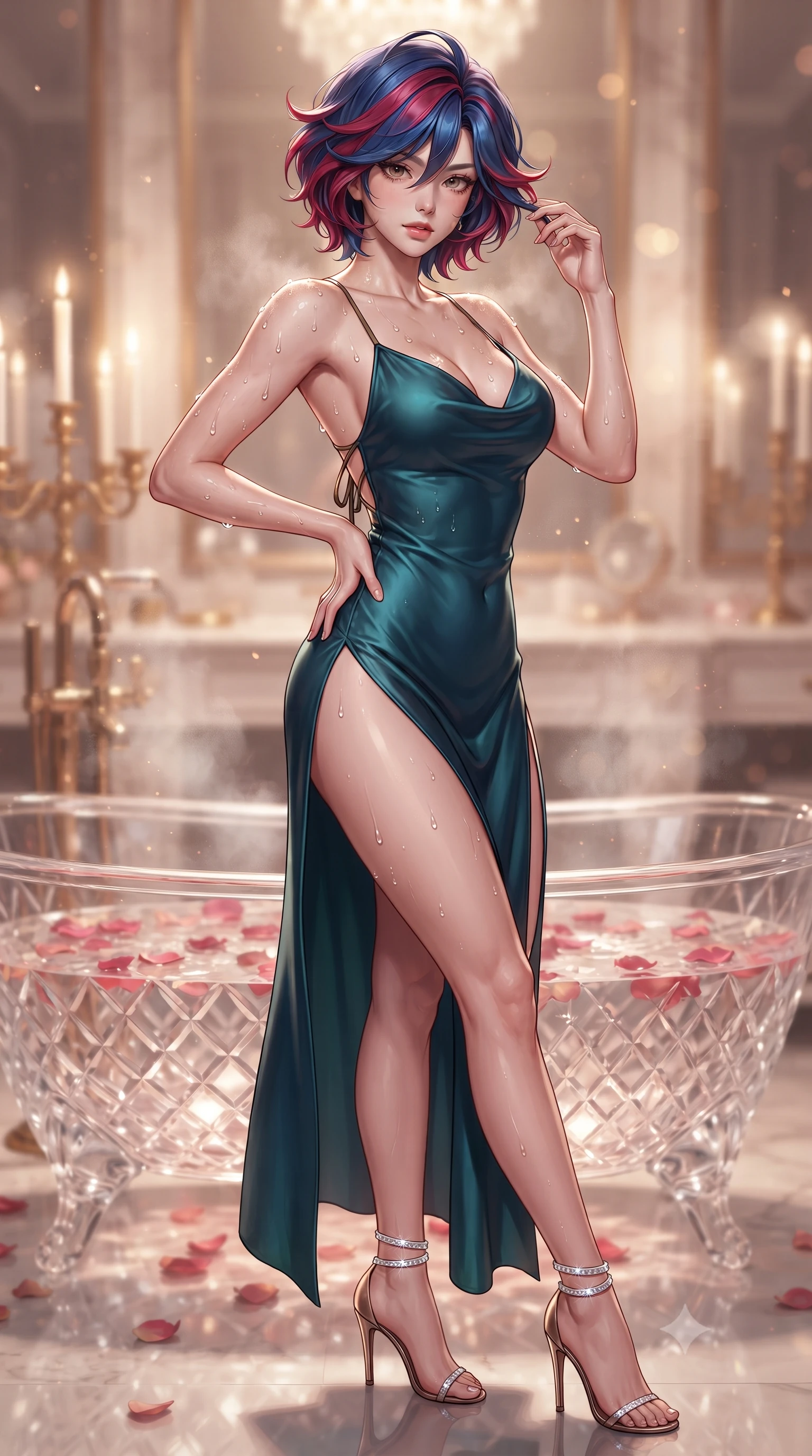 score_9, masterpiece, best quality, ultra-detailed, high-budget anime keyframe, editorial fashion photography, tasteful artistic composition, Korean woman. close-up cowboy shot from the waist and thighs up, the character dominates the composition, filling the frame with her large presence. twisting her slender torso in an alluring contrapposto stance, one hand resting on her sculpted hip while her fingers toy with her hair with effortless poise while twisting her slender torso in an alluring S-curve, aromatic steam droplets beading across her sculpted bare shoulders and flat midriff. The background shows a soft-focus the transparent cut-crystal bathtub filled with rose petals, tall gilded candelabras, and steamy mirrors blurred into champagne, rose, and amber bokeh. She has an exceptionally elegant, slender, and willowy female figure with an ultra-slim waist, flat toned midriff, narrow ribcage, and sculpted feminine hips creating an alluring, slim hourglass silhouette without bulk. sharp v-shaped jawline, high-bridge nose, sparkling eyes with hypnotic seductive depth, thick curled eyelashes, glossy parted lips with a natural dewy peach sheen, alluring bedroom-eyes with an enchanting coquettish smile, exuding magnetic siren charisma and sophisticated glamour, flawlessly proportioned anatomical accuracy, strict slender model proportions, natural body alignment, perfectly sculpted long slender limbs, ultra-slim waistline, clean dynamic posture without body distortion. wearing a plunging cowl-neck liquid silk satin slip gown with daring hip-high double slits and delicate back ties in deep peacock teal and burnished antique brass, tailored from fine structural neoprene with crisp architectural edges and smooth contouring, complemented by strappy stiletto sandals with crystal ankle wraps accentuating her slender calves, the liquid-tight tailored fabric clinging flawlessly to her narrow waist and rounded feminine hips, emphasizing every millimeter of her sculpted slim hourglass curves without any bulky heaviness. illuminated by bathwater reflection caustics and sharp warm-gold rim lights defining her razor-sharp jawline, narrow waist, and curvy hips. ultra-reflective glossy finish, specular highlights, rich textural contrasts, high-contrast stereoscopic depth, volumetric dynamic lighting, 2k, ultra detail, master piece, 9:16 ratio