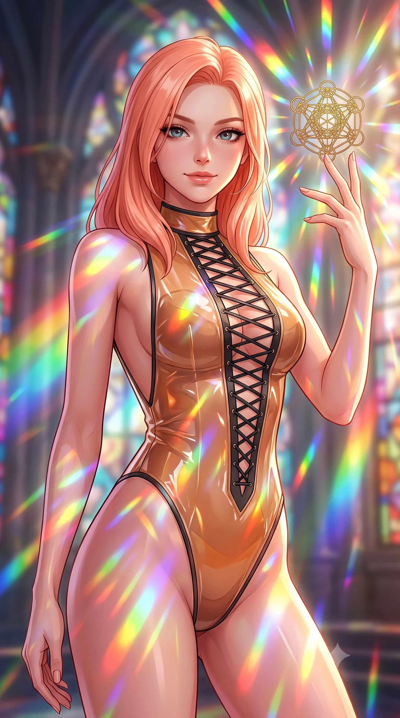 score_9, masterpiece, best quality, ultra-detailed, high-budget anime keyframe, editorial fashion photography, tasteful artistic composition, Japanese woman. close-up cowboy shot from the waist and thighs up, the character dominates the composition, filling the frame with her large presence, background elements kept in soft focus. Smiling with quiet, magnetic self-assurance directly into the lens touching a floating golden icon surrounded by kaleidoscope light rays, vibrant rainbow light patterns projected across her skin and costume. She has an exceptionally elegant, slender, and willowy female figure with an ultra-slim waist, a gracefully sculpted slender torso, and a refined silhouette. sharp v-shaped jawline, high-bridge nose, intricate jewel-like eyes with depth, thick eyelashes, glossy lips with a natural sheen. wearing a high-cut translucent vinyl leotard with strategic lace-up front paneling and open back, the elegant draped fit framing her graceful clavicle and slender torso. bathed in cascading rainbow prismatic light refracting through stained glass. highly saturated vibrant anime colors, detailed shading with soft gradients, rich glossy textures, high-contrast stereoscopic depth, volumetric dynamic lighting, master piece, 9:16 ratio