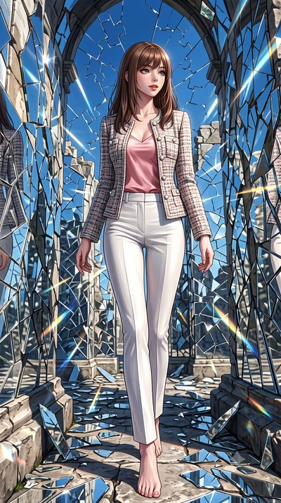 score_9, masterpiece, best quality, ultra-detailed, high-budget anime keyframe, editorial fashion photography, tasteful artistic composition, Korean woman. low angle full-body shot from head to toe showing her feet, filling the entire 9:16 vertical f