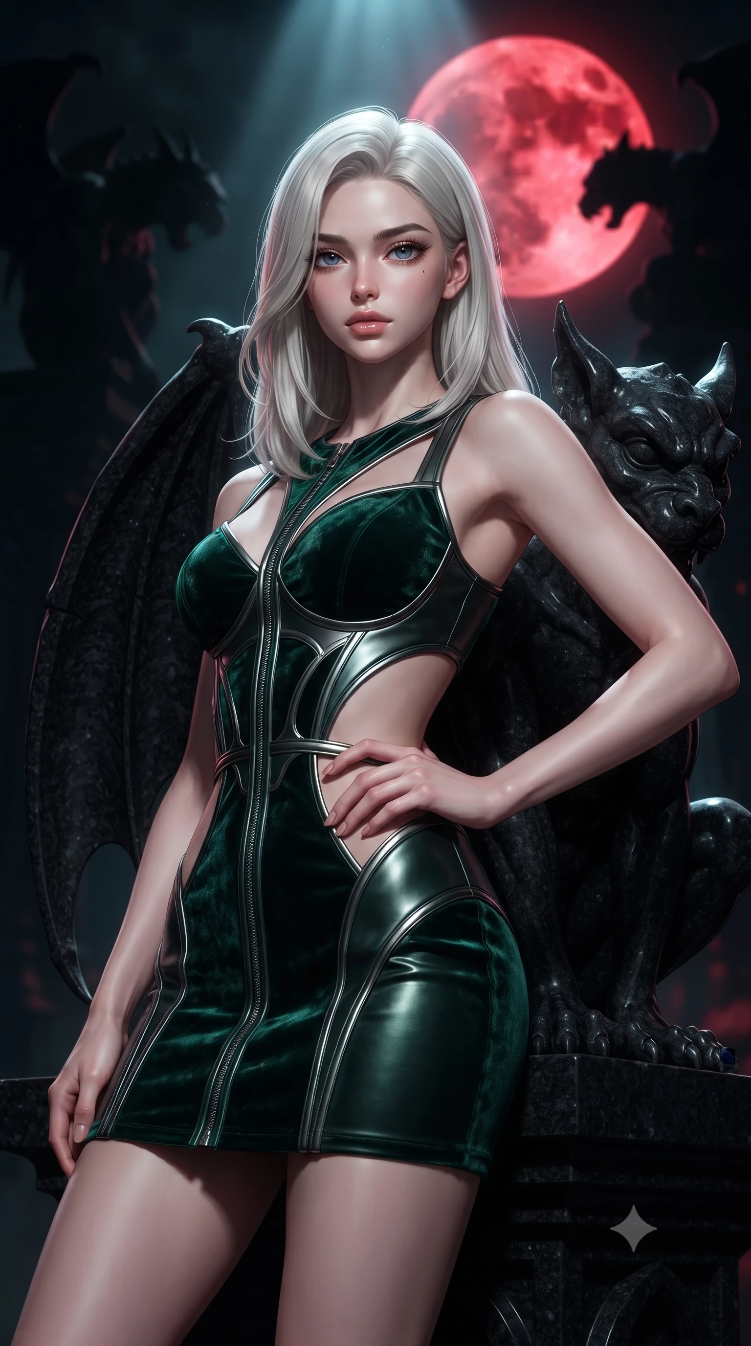 score_9, masterpiece, best quality, ultra-detailed, high-budget anime keyframe, editorial fashion photography, tasteful artistic composition, Caucasian woman. close-up cowboy shot from the waist and thighs up, the character dominates the composition, filling the frame with her large presence, background elements kept in soft focus. Holding a confident power pose with one hand on her hip, resting against a carved black granite gothic gargoyle under a blood-red moon, shadowy gargoyle silhouettes looming ominously in the background. She has an exceptionally elegant, slender, and willowy female figure with an ultra-slim waist, a gracefully sculpted slender torso, and a refined silhouette. sharp v-shaped jawline, high-bridge nose, intricate jewel-like eyes with depth, thick eyelashes, glossy lips with a natural sheen. wearing architectural cut-out dark leather mini dress with sculpted metallic boning in deep emerald green, made of crushed dark silk velvet, finished with metallic silver boning and sleek zipper points, following her slender form with tailored precision. lit by dramatic theatrical spotlight from above, keeping background elements in pitch-dark soft focus. ultra-reflective glossy finish, specular highlights, metallic sheen, high-contrast stereoscopic depth, volumetric dynamic lighting, 2k, ultra detail, master piece, 9:16 ratio
