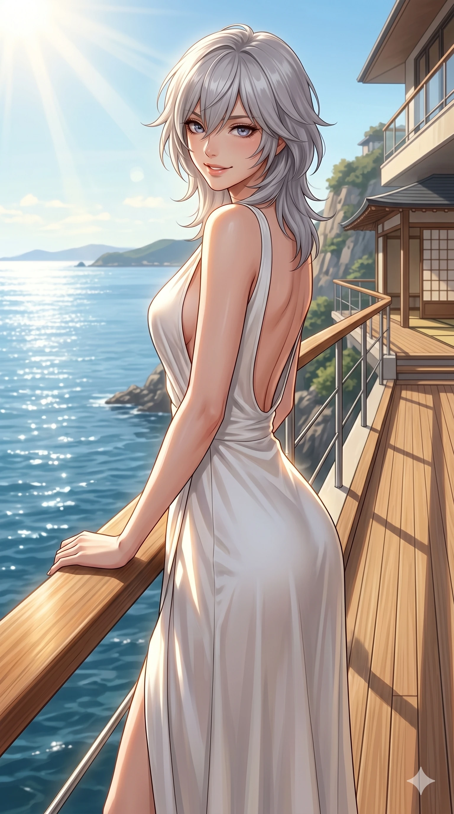 score_9, masterpiece, best quality, ultra-detailed, high-budget anime keyframe, editorial fashion photography, tasteful artistic composition, Japanese woman. cowboy shot from the thighs up, character and outfit filling the frame for maximum editorial presence. resting her elbow on the railing, looking over her shoulder with a playful, teasing smile on the teak sun-deck of a cliffside villa overlooking the sea (Code-P16-013). She has an absolutely perfect 8-heads proportion, an exceptionally tall and slender female figure with impossibly long slender legs and an ultra-slim waist. V-shaped jawline, high-bridge nose, intricate jewel-like eyes with depth, thick eyelashes, glossy lips with a natural sheen. wearing a white silk wrap dress with a plunging neck and a scooped open back descending to the spine. bathed in brilliant midday sunbeams, casting sharp warm highlights that outline her slender waist. 2k, ultra detail, master piece, 9:16 ratio