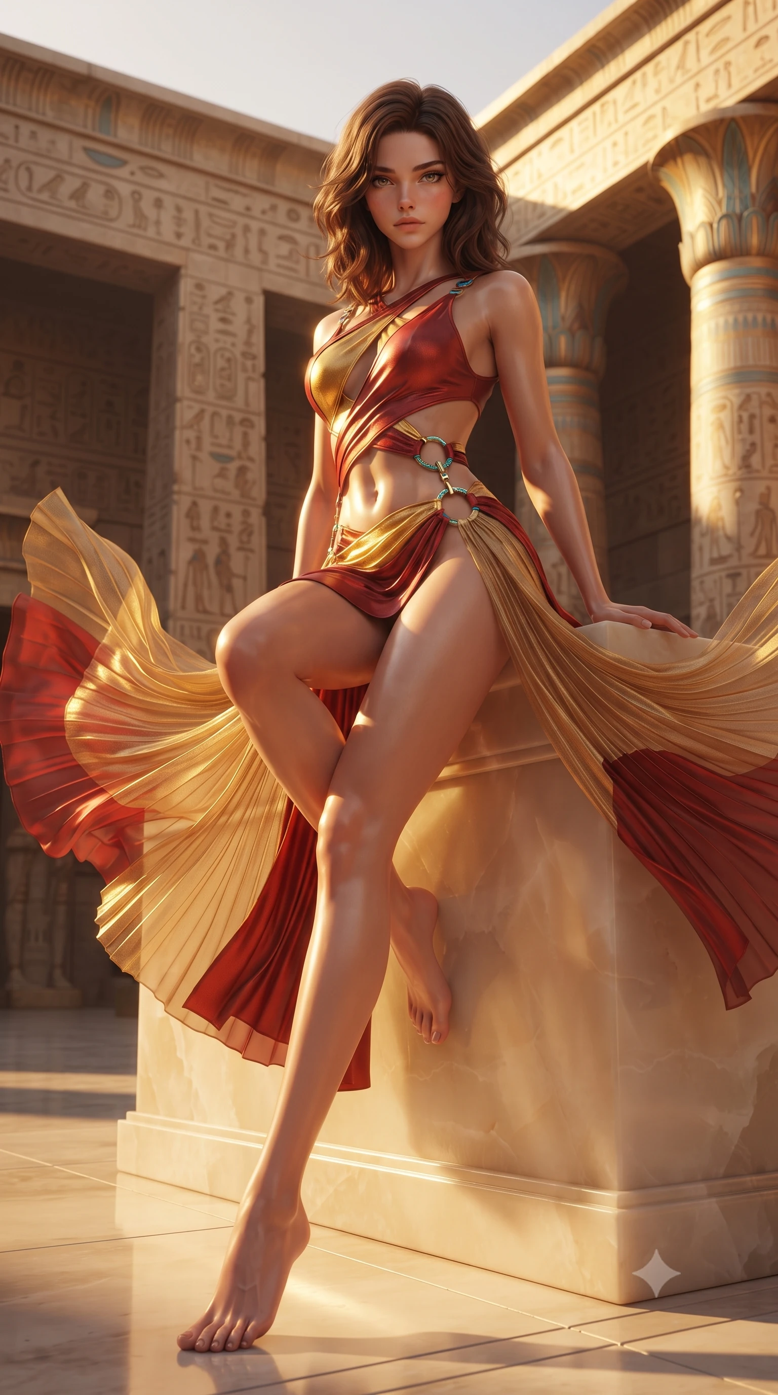 score_9, masterpiece, best quality, ultra-detailed, high-budget anime keyframe, editorial fashion photography, tasteful artistic composition, Korean woman. low angle full-body shot from head to toe showing her feet, filling the entire 9:16 vertical frame with her statuesque presence, stretching her vertical silhouette. sitting perched on the elevated edge with hips angled toward the camera and legs crossed, displaying her toned midriff and flawlessly sculpted slender limbs while pivoting gracefully on the polished alabaster temple floor, her sheer pleated gold drapery swirling around her statuesque hips and long legs. The surrounding environment is rendered in vivid detail and crisp panoramic clarity. breathtaking Egyptian golden-hour chiaroscuro and majestic Pharaoh sanctuary architecture in precision. She has an absolutely perfect, statuesque 8.5-heads proportion, an exceptionally tall and slender model-like female figure with impossibly long slender legs, a toned flat midriff, an ultra-slim waist, and beautifully sculpted feminine hips. sharp v-shaped jawline, high-bridge nose, intricate jewel-like eyes with depth, thick eyelashes, glossy parted lips with a natural sheen, intensely captivating and seductive bedroom-eyes expression, flawlessly proportioned anatomical accuracy, strict slender model proportions, natural body alignment, perfectly sculpted long slender limbs, ultra-slim waistline, clean dynamic posture without body distortion. wearing a sheer gossamer silk Nile wrap dress with dramatic side-torso cutouts framed by turquoise ring hardware in sunset crimson red and molten gold, crafted from second-skin supple lambskin leather with liquid drape, finished with criss-cross back straps highlighting her graceful shoulder blades, the glove-like aerodynamic silhouette tightly following the natural contour of her hips and long slender legs with statuesque precision. illuminated by intense golden specular reflections sculpting her bare collarbones, ultra-slim waist, and curvy hips. ultra-reflective glossy finish, specular highlights, rich textural contrasts, high-contrast stereoscopic depth, volumetric dynamic lighting, 2k, ultra detail, master piece, 9:16 ratio