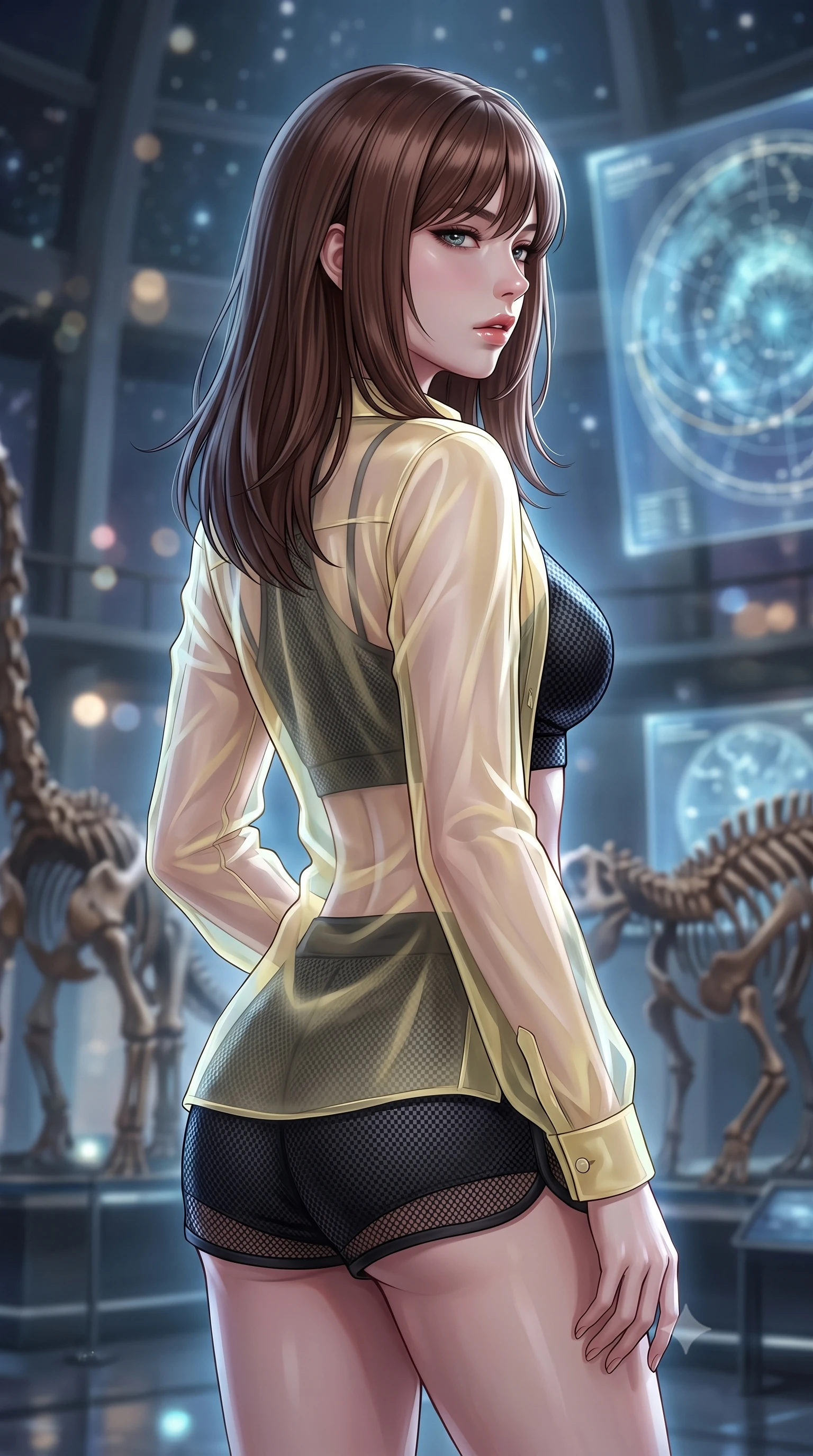 score_9, masterpiece, best quality, ultra-detailed, high-budget anime keyframe, editorial fashion photography, tasteful artistic composition, Korean woman. close-up cowboy shot from the waist and thighs up, the character dominates the composition, filling the frame with her large presence, background elements kept in soft focus. turning her face in profile to look over her shoulder, casting a smoldering side gaze with lips slightly parted, the background shows a soft-focus a fossil sanctuary observatory tower mapping astronomical charts. She has an exceptionally elegant, slender, and willowy female figure with an ultra-slim waist, a gracefully sculpted slender torso, and a refined silhouette. sharp v-shaped jawline, high-bridge nose, intricate jewel-like eyes with depth, thick eyelashes, glossy lips with a natural sheen. wearing a body-hugging sheer organza combat shirt in pale yellow, worn open over a carbon-mesh crop top and micro-shorts. cool silver starlight wrapping her statuesque posture in a solemn mood. highly saturated vibrant anime colors, detailed shading with soft gradients, rich glossy textures, high-contrast stereoscopic depth, volumetric dynamic lighting, master piece, 9:16 ratio