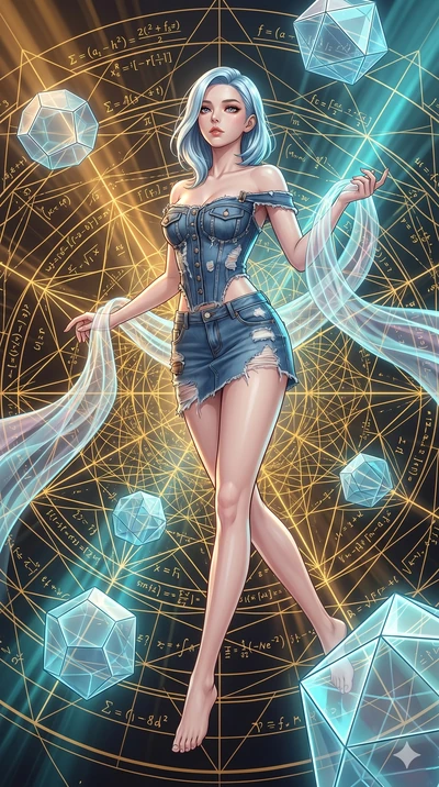 score_9, masterpiece, best quality, ultra-detailed, high-budget anime keyframe, Korean woman. low angle full-body shot filling the entire 9:16 frame with her statuesque presence, stretching the vertical silhouette. floating gracefully in a mathematic