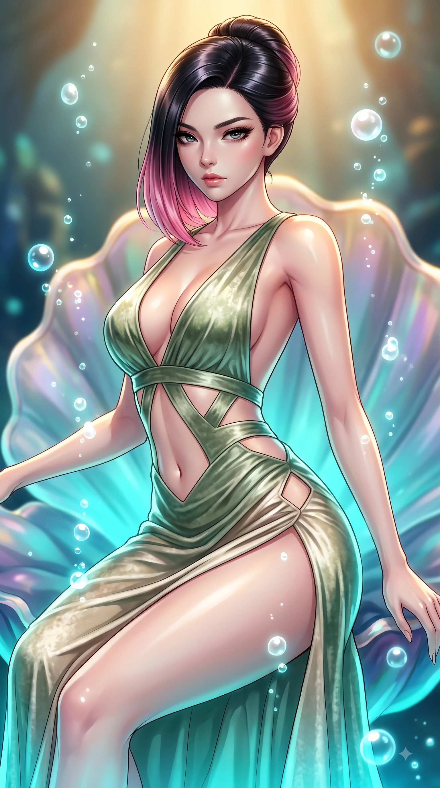 score_9, masterpiece, best quality, ultra-detailed, high-budget anime keyframe, editorial fashion photography, tasteful artistic composition, Korean woman. close-up cowboy shot from the waist and thighs up, the character dominates the composition, filling the frame with her large presence, background elements kept in soft focus. Gazing past the lens with smoldering intensity as her torso curves dynamically in mid-stride while poised on an abyssal prism shell throne as gentle sea bubbles cast pearl-white highlights, rising bioluminescent bubbles casting soft pearl-like highlights on her athletic build. She has an exceptionally elegant, slender, and willowy female figure with an ultra-slim waist, a gracefully sculpted slender torso, and a refined silhouette. sharp v-shaped jawline, high-bridge nose, intricate jewel-like eyes with depth, thick eyelashes, glossy lips with a natural sheen, flawlessly proportioned anatomical accuracy, natural body alignment, perfectly sculpted elegant limbs, clean dynamic posture without body distortion. wearing a backless crushed velvet gown with a deep V-neckline and high thigh slit in sage green and oatmeal, crafted from lustrous satin jersey with fluid draping, featuring subtle geometric cutouts that highlight her ultra-slim midriff, the tailored fabric tightly following every curve of her athletic build. illuminated by luminous aqua bioluminescence and warm golden top lighting. highly saturated vibrant anime colors, detailed shading with soft gradients, rich glossy textures, high-contrast stereoscopic depth, volumetric dynamic lighting, master piece, 9:16 ratio