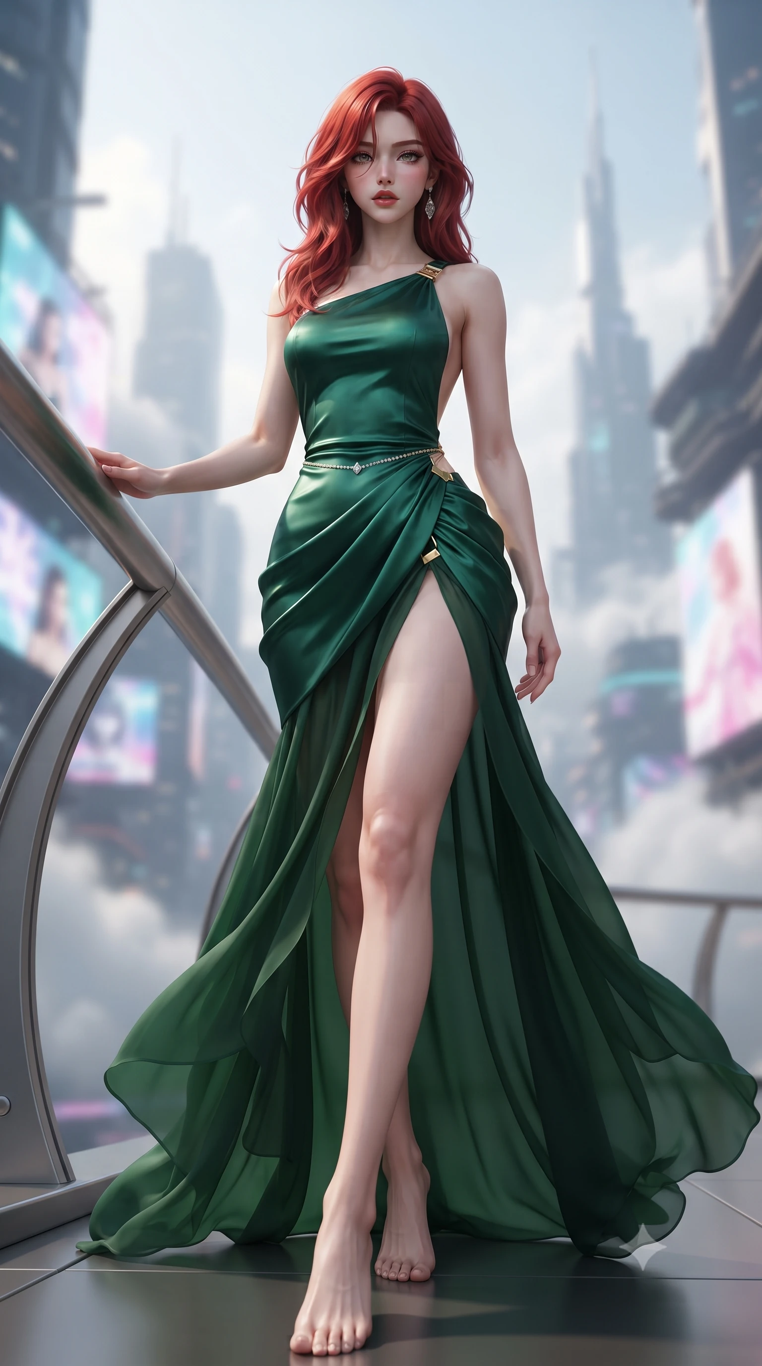score_9, masterpiece, best quality, ultra-detailed, high-budget anime keyframe, editorial fashion photography, tasteful artistic composition, Korean woman. low angle full-body shot from head to toe showing her feet, filling the entire 9:16 vertical frame with her statuesque presence, stretching her vertical silhouette. striding forward in a proud supermodel runway stride, hips swaying in an alluring kinetic rhythm that accentuates her curvy hourglass silhouette while twisting her slender torso in an alluring contrapposto stance, resting one hand on the curved titanium support spar with smoldering bedroom-eyes as holographic city billboards shimmer behind her. The composition keeps background elements in soft focus with creamy bokeh. futuristic supertall skyscraper spires and passing cloud layers softened in sleek cyberpunk shallow focus. She has an exceptionally tall and slender model-like 8.5-heads proportion, an ultra-slim waist, a flat toned midriff, narrow delicate ribcage, and beautifully sculpted feminine hips creating a graceful, slim hourglass silhouette without any bulky heaviness, with impossibly long slender legs. sharp v-shaped jawline, high-bridge nose, intricate jewel-like eyes with depth, thick eyelashes, glossy parted lips with a natural sheen, intensely captivating and seductive bedroom-eyes expression, flawlessly proportioned anatomical accuracy, strict slender model proportions, natural body alignment, perfectly sculpted long slender limbs, ultra-slim waistline, clean dynamic posture without body distortion. wearing an open-back duchess satin gala gown with a dramatic hip-hugging drape and cascading trailing hem in deep emerald green satin and gold hardware, woven from layered gossamer chiffon with a weightless sweeping drape, accented with a dainty diamond waist chain catching the ambient light reflections, the liquid-tight tailored fabric clinging flawlessly to her narrow waist and rounded feminine hips, emphasizing every millimeter of her sculpted slim hourglass curves without any bulky heaviness. illuminated by wet specular glass bounce lights sculpting her razor-sharp jawline, narrow waist, and curvy hips. ultra-reflective glossy finish, specular highlights, rich textural contrasts, high-contrast stereoscopic depth, volumetric dynamic lighting, 2k, ultra detail, master piece, 9:16 ratio