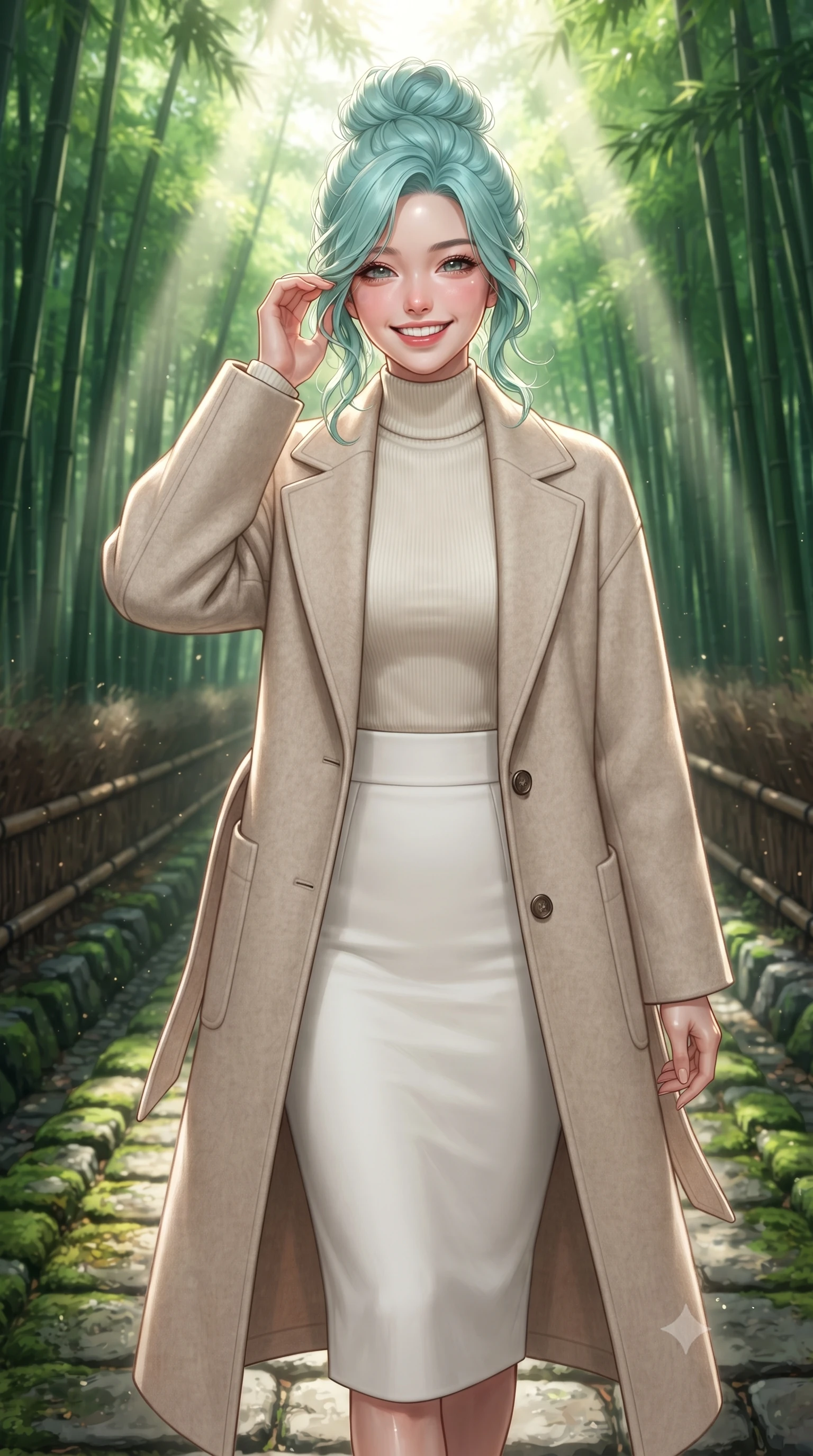 score_9, masterpiece, best quality, ultra-detailed, high-budget anime keyframe, editorial fashion photography, tasteful artistic composition, Japanese woman. close-up cowboy shot from the waist and thighs up, the character dominates the composition, filling the frame with her large presence. gently brushing a lock of hair behind her ear with one hand while flashing a radiant, joyful smile while stepping gracefully along the moss-bordered stone path, her minimalist tailored coat creating a striking, slender vertical line. The surrounding environment is rendered in vivid detail and crisp panoramic clarity: detailed stand-collar wool jacket tailoring, minimalist button placket, and historic Kyoto trail craft in high resolution. She has an exceptionally elegant, slender, and willowy female figure with an ultra-slim waist, flat toned midriff, narrow ribcage, and sculpted feminine hips creating an alluring, slim hourglass silhouette without bulk. sharp v-shaped jawline, high-bridge nose, intricate jewel-like sparkling eyes with depth, thick eyelashes, glossy parted lips with a natural peach sheen, bright cheerful beaming smile with an enchanting and coquettish sensual glint, exuding both youthful cute charm and seductive allure, flawlessly proportioned anatomical accuracy, strict slender model proportions, natural body alignment, perfectly sculpted long slender limbs, ultra-slim waistline, clean dynamic posture without body distortion. wearing a luxurious longline cashmere cardigan coat with a belted waist worn over an ivory turtleneck and wool midi skirt in Swiss alpine snow white and oat cashmere, crafted from ultra-soft Mongolian cashmere with exquisite insulating warmth and tactile softness, featuring delicate tonal horn buttons and meticulous hand-stitched pick-lapel borders, the precision-cut high-waisted tailoring accentuating her ultra-slim waist and long slender leg line with immaculate aristocratic poise. bathed in ethereal shafts of morning sunlight (komorebi) piercing through dense emerald bamboo canopies. ultra-reflective glossy finish, specular highlights, rich textural contrasts, high-contrast stereoscopic depth, volumetric dynamic lighting, 2k, ultra detail, master piece, 9:16 ratio