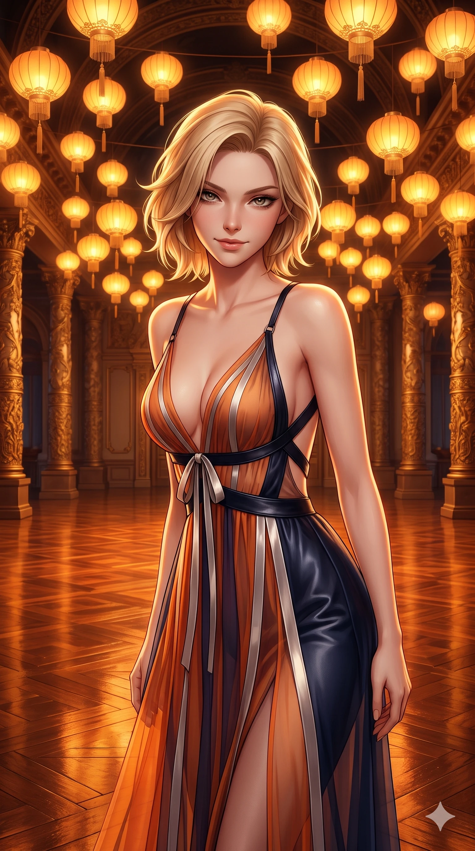 score_9, masterpiece, best quality, ultra-detailed, high-budget anime keyframe, semi-realistic 3D game render, editorial fashion photography, tasteful artistic composition, Caucasian woman. close-up cowboy shot from the waist and thighs up, the character dominates the composition, filling the frame with her large presence. leaning forward while arching her lower back to accentuate her curvy hips, looking into the camera with an intoxicating smoldering gaze and bedroom-eyes while standing poised in the center of the grand banquet hall beneath a sea of floating gold silk lanterns, arching her back with breathtaking elegance. The surrounding environment is rendered in vivid detail and crisp panoramic clarity: sharp silk lantern tassel fringes, gilded pillar relief carvings, and mirror-polished timber floor reflections in deep focus. She has an exceptionally elegant, slender, and willowy female figure with an ultra-slim waist, flat toned midriff, narrow ribcage, and sculpted feminine hips creating an alluring, slim hourglass silhouette without bulk. sharp v-shaped jawline, high-bridge nose, sparkling eyes with hypnotic seductive depth, thick curled eyelashes, glossy parted lips with a natural dewy peach sheen, alluring bedroom-eyes with an enchanting coquettish smile, exuding magnetic siren charisma and sophisticated glamour, flawlessly proportioned anatomical accuracy, strict slender model proportions, natural body alignment, perfectly sculpted long slender limbs, ultra-slim waistline, clean dynamic posture without body distortion. wearing a plunge-front sheer illusion tulle slip dress with liquid platinum ribbon stripes and silk otgoreum ties hugging her curves in sunset tangerine orange and deep navy indigo, made of supple butter-soft lambskin leather with a subtle satin sheen, featuring an open-back criss-cross harness strap in patent black leather, the form-contouring silhouette accentuating her sculpted flat midriff, narrow delicate ribcage, and gracefully curvy hips with intoxicating allure. bathed in the warm, glorious amber glow of hundreds of floating silk lanterns casting flattering dimensional illumination. highly saturated vibrant anime colors, detailed shading with soft gradients, rich glossy textures, high-contrast stereoscopic depth, volumetric dynamic lighting, master piece, 9:16 ratio