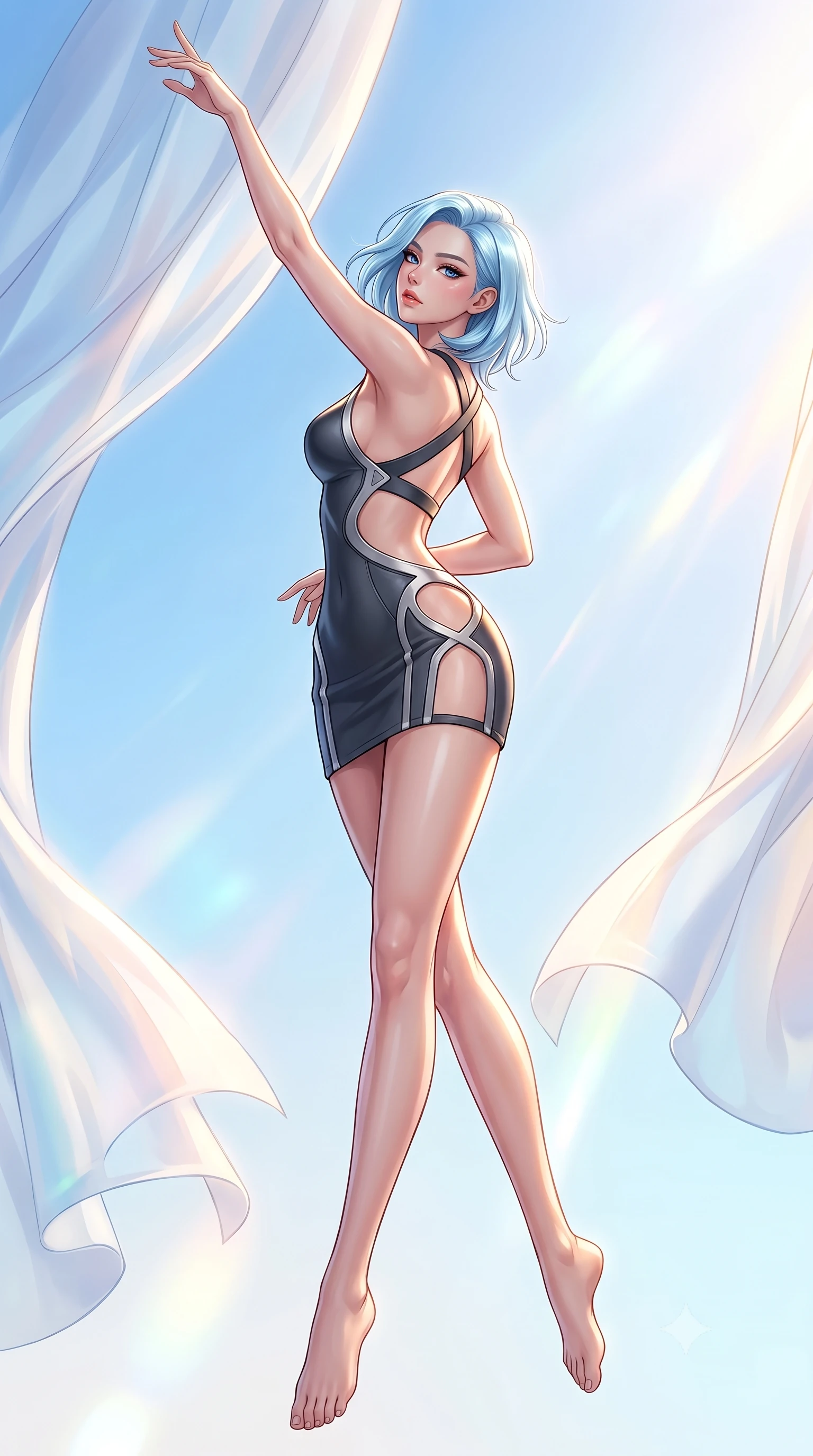 score_9, masterpiece, best quality, ultra-detailed, high-budget anime keyframe, editorial fashion photography, tasteful artistic composition, Korean woman. low angle full-body shot from head to toe showing her feet, filling the entire 9:16 vertical frame with her statuesque presence, stretching her vertical silhouette. performing an athletic mid-air rotation with flawless poise, her vertical silhouette beautifully stretched while reaching one arm toward the open sky as billowing silk gossamer curtains flutter nearby, translucent silk curtains drifting lazily in a high-altitude sky breeze. She has an absolutely perfect, statuesque 8.5-heads proportion, an exceptionally tall and slender model-like female figure with impossibly long slender legs and an ultra-slim waist. sharp v-shaped jawline, high-bridge nose, intricate jewel-like eyes with depth, thick eyelashes, glossy lips with a natural sheen, flawlessly proportioned anatomical accuracy, natural body alignment, perfectly sculpted elegant limbs, clean dynamic posture without body distortion. wearing a dramatic open-waist cutout mini dress framed by sculptural hardware in charcoal grey and platinum, formed from sleek second-skin neoprene, complemented by criss-cross back straps highlighting her bare shoulders, the sleek second-skin texture accentuating her magnetic presence. surrounded by a bright, luxurious aura of warm sunshine and sky reflections. highly saturated vibrant anime colors, detailed shading with soft gradients, rich glossy textures, high-contrast stereoscopic depth, volumetric dynamic lighting, master piece, 9:16 ratio