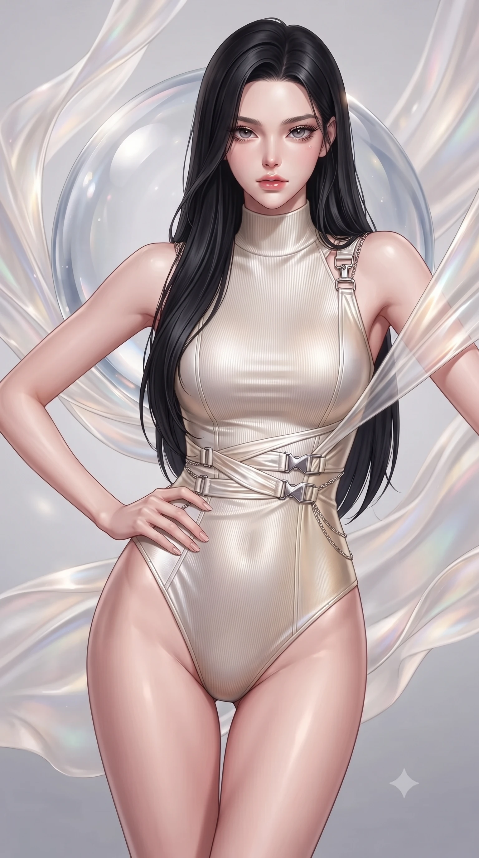 score_9, masterpiece, best quality, ultra-detailed, high-budget anime keyframe, editorial fashion photography, tasteful artistic composition, Korean woman. close-up cowboy shot from the waist and thighs up, the character dominates the composition, filling the frame with her large presence, background elements kept in soft focus. Holding a confident power pose with one hand on her hip, resting against a floating glass sphere amidst swirling opal fabric streams, soft diffused key light wrapping gently around her athletic slender figure. She has an exceptionally elegant, slender, and willowy female figure with an ultra-slim waist, a gracefully sculpted slender torso, and a refined silhouette. sharp v-shaped jawline, high-bridge nose, intricate jewel-like eyes with depth, thick eyelashes, glossy lips with a natural sheen. wearing sleek high-neck ribbed activewear bodysuit in pearl white in champagne gold, made of liquid mercury jersey, framed by polished silver buckles and delicate chain details, the fitted fabric emphasizing her ultra-slim waist. bathed in bright white studio lighting with delicate pastel highlights. highly saturated vibrant anime colors, detailed shading with soft gradients, rich glossy textures, high-contrast stereoscopic depth, volumetric dynamic lighting, master piece, 9:16 ratio