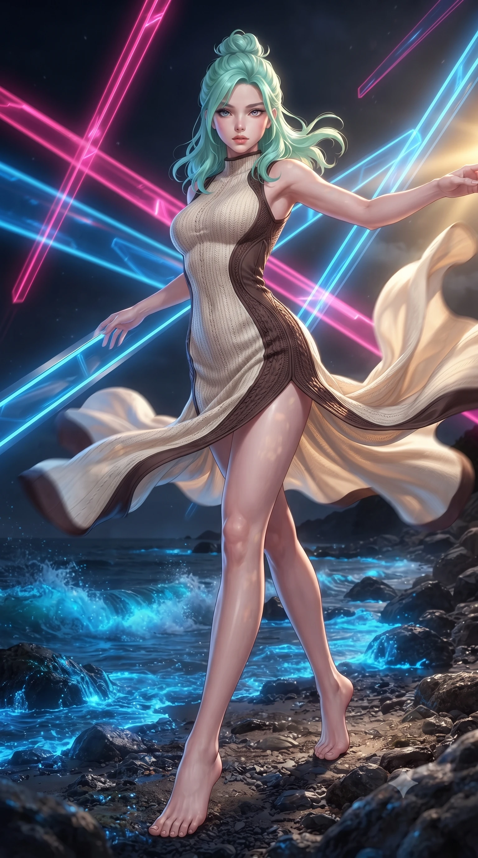 score_9, masterpiece, best quality, ultra-detailed, high-budget anime keyframe, editorial fashion photography, tasteful artistic composition, realistic cosplay photography, Japanese woman. low angle full-body shot from head to toe showing her feet, filling the entire 9:16 vertical frame with her statuesque presence, stretching her vertical silhouette. weaving gracefully through a barrage of glowing obstacles in a blur of motion inside a rocky beach where crashing midnight waves ignite bright neon-blue bioluminescent algae along the shore. She has a statuesque 8.5-heads proportion, an exceptionally tall, slender and willowy model-like build with impossibly long legs and a highly sculpted ultra-slim waist. sharp v-shaped jawline, high-bridge nose, intricate jewel-like eyes with depth, thick eyelashes, glossy lips with a natural sheen. wearing the lightweight fabric rippling and billowing dramatically with her movement, a body-hugging knitted body-mapping dress in cream with chocolate brown side panels that create an optical waist-narrowing effect. warm golden afternoon sunbeams casting soft organic leaf shadows across her skin. ultra-reflective glossy finish, specular highlights, metallic sheen, high-contrast stereoscopic depth, volumetric dynamic lighting, 2k, ultra detail, master piece, 9:16 ratio