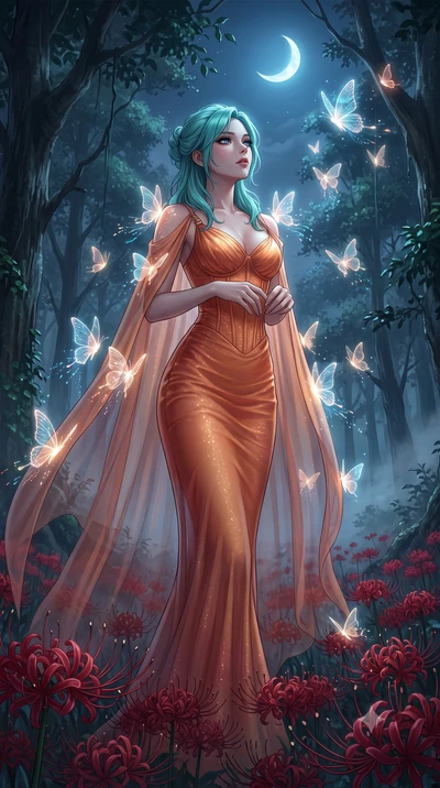 score_9, masterpiece, best quality, ultra-detailed, High-budget Anime Keyframe, East Asian woman. Low angle cowboy shot filling the entire 9:16 frame with her statuesque presence. Scenario 546: watching digital butterflies land on her shoulders in a 