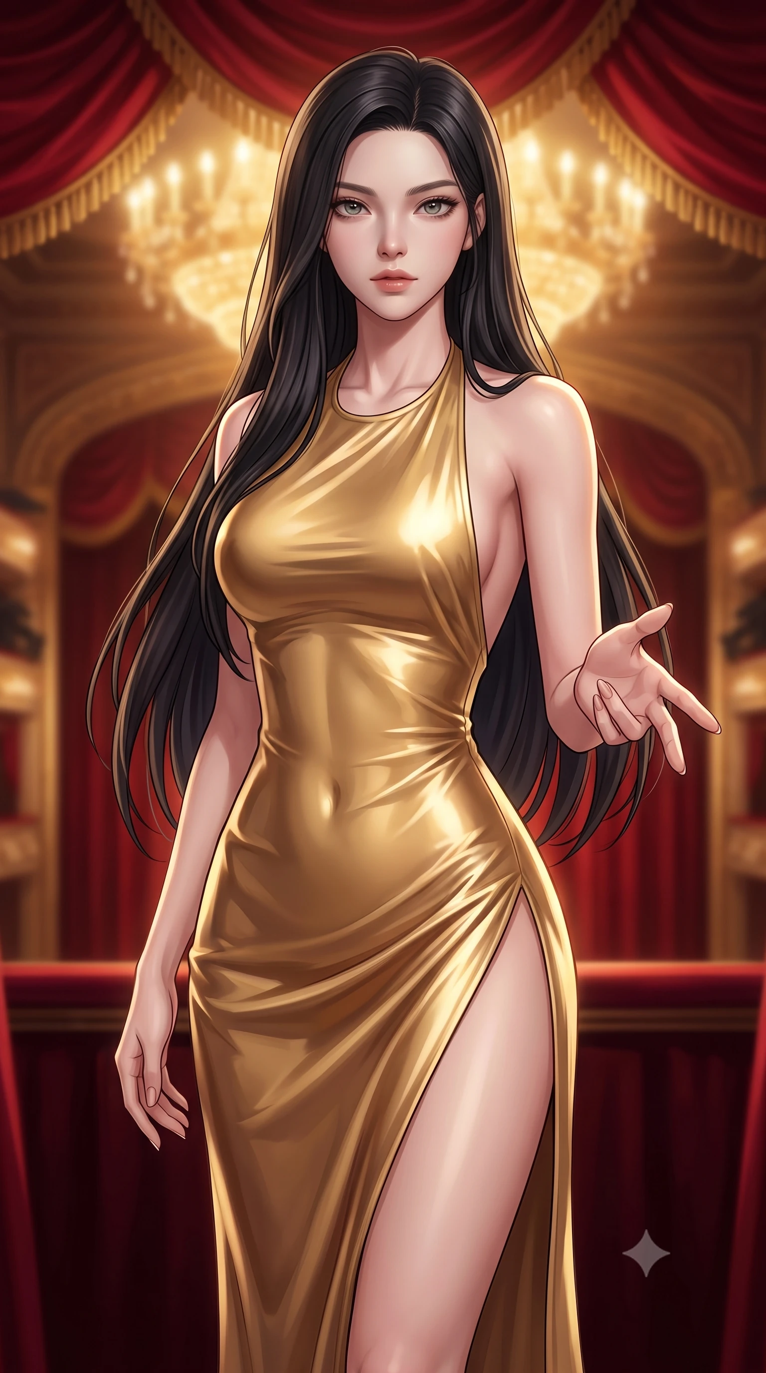 score_9, masterpiece, best quality, ultra-detailed, high-budget anime keyframe, editorial fashion photography, tasteful artistic composition, Korean woman woman. close-up cowboy shot from the waist and thighs up, the character dominates the composition, filling the frame with her large presence, background elements kept in soft focus. She has an exceptionally elegant, slender, and willowy female figure with an ultra-slim waist, a gracefully sculpted slender torso, and a refined silhouette. reaching one hand toward the viewer with relaxed elegance, her gaze holding quiet authority, flawlessly proportioned anatomical accuracy, natural body alignment, perfectly sculpted elegant limbs, clean dynamic posture without body distortion. set against a soft-focus background of a VIP theater box suite draped in red silk velvet and gold trim. wearing a backless metallic gold halter gown with a daring high side slit to mid-thigh. bathed in warm golden chandelier light from the grand theater stage below. highly saturated vibrant anime colors, detailed shading with soft gradients, rich glossy textures, high-contrast stereoscopic depth, volumetric dynamic lighting, master piece, 9:16 ratio