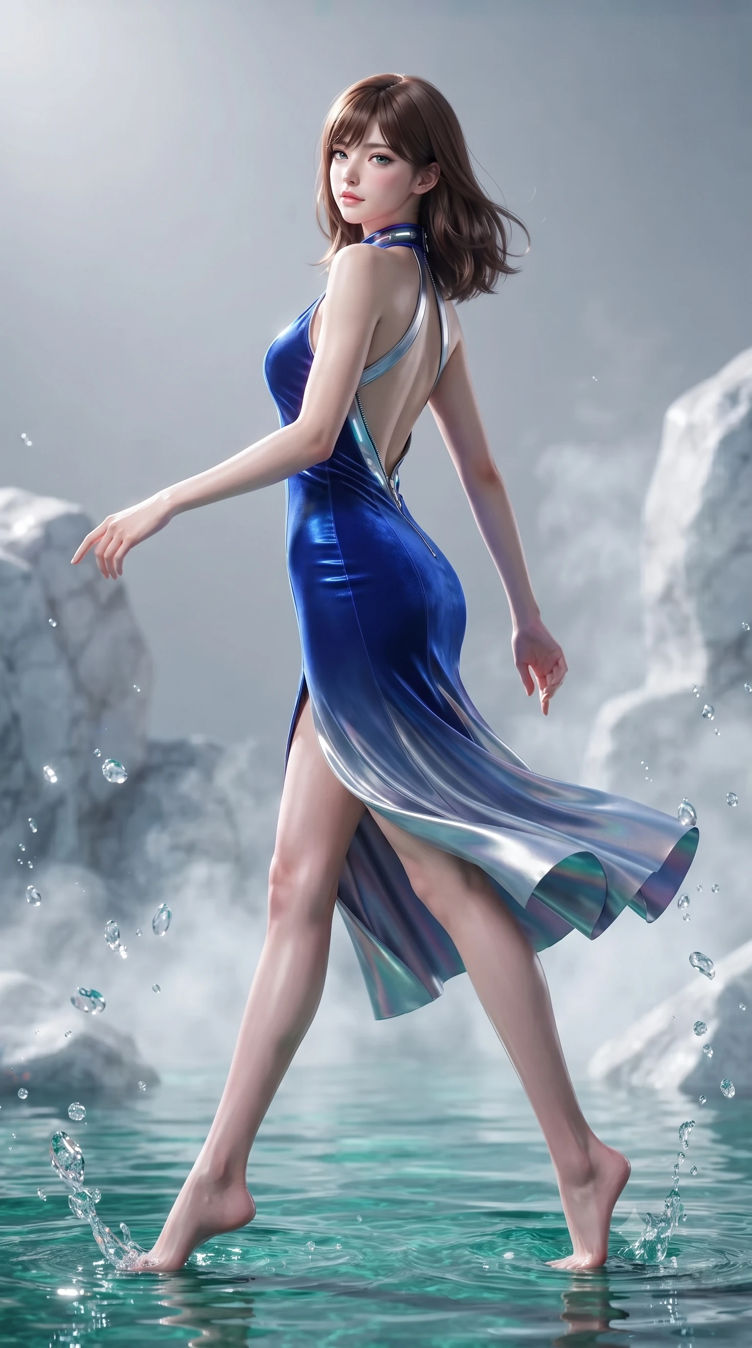 score_9, masterpiece, best quality, ultra-detailed, high-budget anime keyframe, editorial fashion photography, tasteful artistic composition, Korean woman. low angle full-body shot from head to toe showing her feet, filling the entire 9:16 vertical frame with her statuesque presence, stretching her vertical silhouette. pivoting dynamically in mid-motion with a breathtakingly alluring posture, displaying her flawless model proportions and ultra-slim waist while stepping gracefully through shallow emerald water with an alluring, confident backward glance. The composition keeps background elements in soft focus with creamy bokeh. rising water mist and marble rock formations softened by luminous shallow depth of field. She has an absolutely perfect, statuesque 8.5-heads proportion, an exceptionally tall and slender model-like female figure with impossibly long slender legs, a toned flat midriff, and an ultra-slim waist. sharp v-shaped jawline, high-bridge nose, intricate jewel-like eyes with depth, thick eyelashes, glossy lips with a natural sheen, flawlessly proportioned anatomical accuracy, strict slender model proportions, natural body alignment, perfectly sculpted long slender limbs, ultra-slim waistline, clean dynamic posture without body distortion. wearing a velvet halter-neck midi dress fitting her statuesque contour flawlessly with a Tasteful chest slit and open spine in liquid electric cobalt blue and polished silver, made of smooth iridescent silk chiffon that shifts colors with movement, featuring a dangerously unzipped neckline framed by glowing cybernetic accents, the liquid-tight tailored fabric emphasizing every curve of her tall, slender model proportions and sculptured silhouette during dynamic movement. illuminated by sparkling water droplet refractions and crisp white key lighting. ultra-reflective glossy finish, specular highlights, metallic sheen, high-contrast stereoscopic depth, volumetric dynamic lighting, 2k, ultra detail, master piece, 9:16 ratio